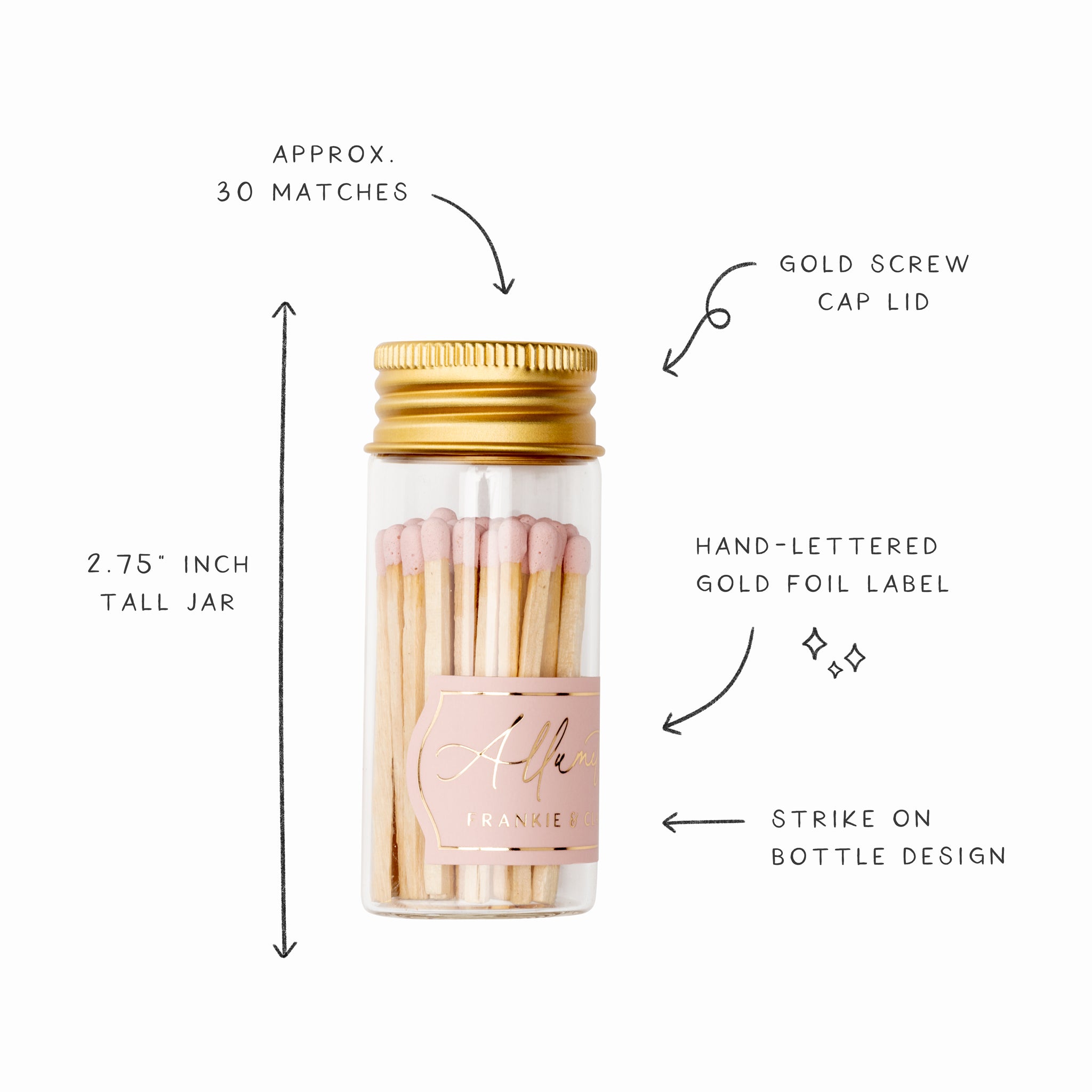 Detailed infographic of Frankie & Claude’s blush pink Allumette Match Jar showing features such as the gold screw cap lid, hand-lettered gold foil label, and strike on bottle design, with dimensions and match count.
