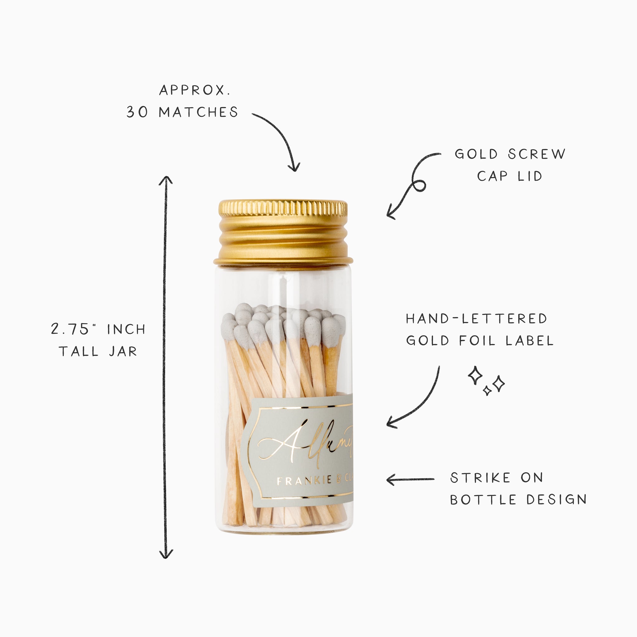 Detailed infographic of Frankie & Claude’s fog gray Allumette Match Jar showing features such as the gold screw cap lid, hand-lettered gold foil label, and strike on bottle design, with dimensions and match count.