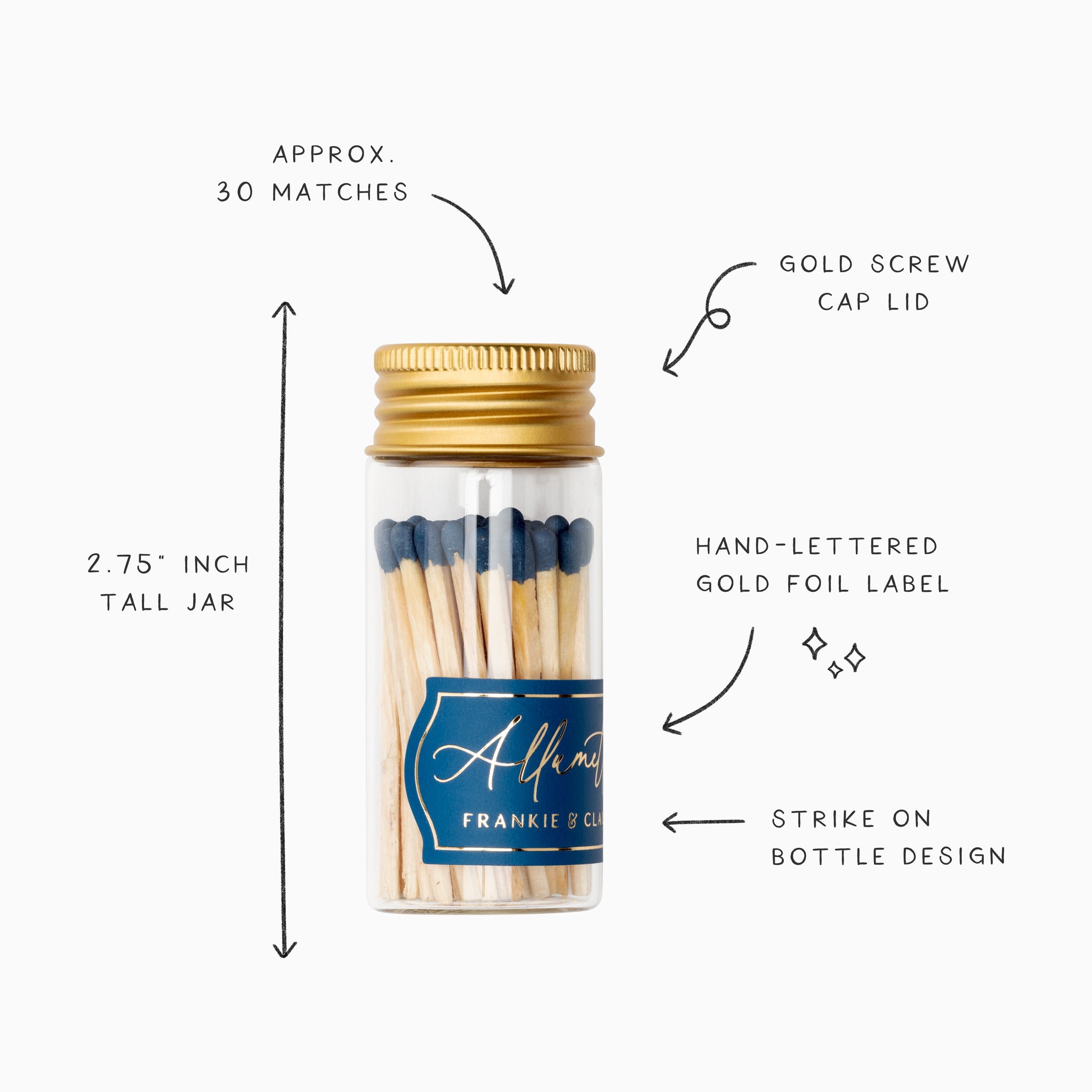 Detailed infographic of Frankie & Claude’s navy blue Allumette Match Jar showing features such as the gold screw cap lid, hand-lettered gold foil label, and strike on bottle design, with dimensions and match count.