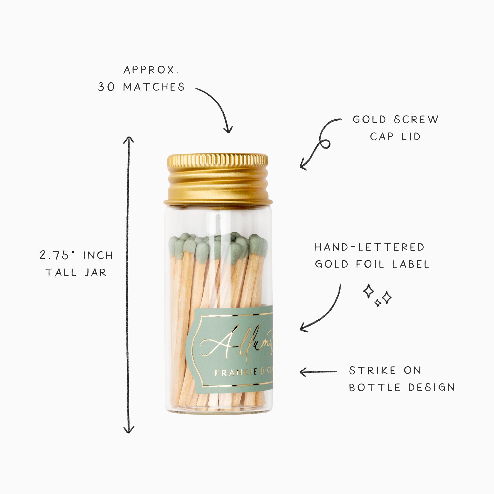 Detailed infographic of Frankie & Claude’s sage green Allumette Match Jar showing features such as the gold screw cap lid, hand-lettered gold foil label, and strike on bottle design, with dimensions and match count.