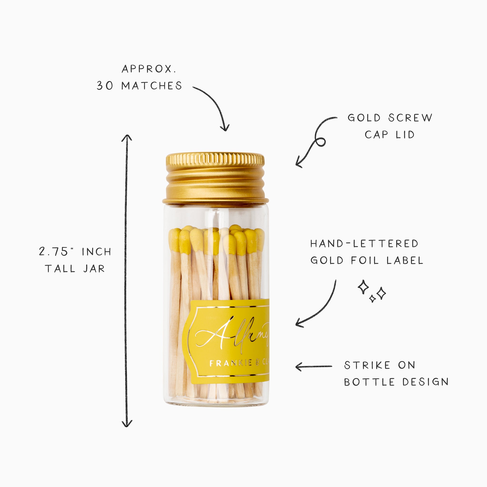 Detailed infographic of Frankie & Claude’s bright yellow Allumette Match Jar showing features such as the gold screw cap lid, hand-lettered gold foil label, and strike on bottle design, with dimensions and match count.