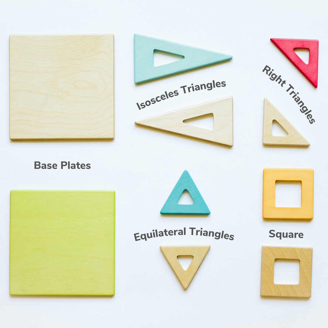 Set of geometric shape blocks including base plates, triangles, and squares on a white background.