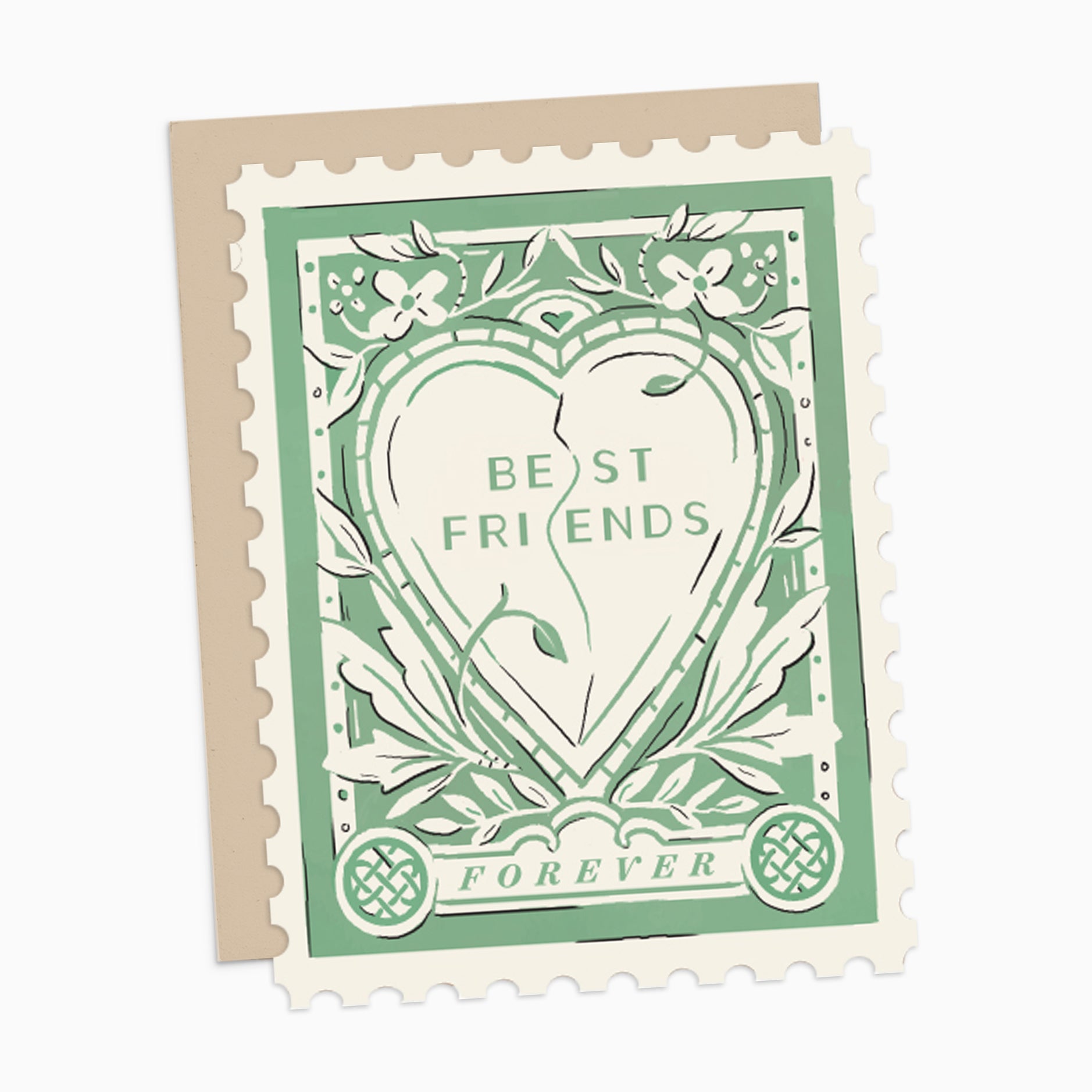 Illustrated 'Best Friends Forever' card on premium warm white cardstock, featuring a heart framed by elegant flourishes in soft tones of cream and green.