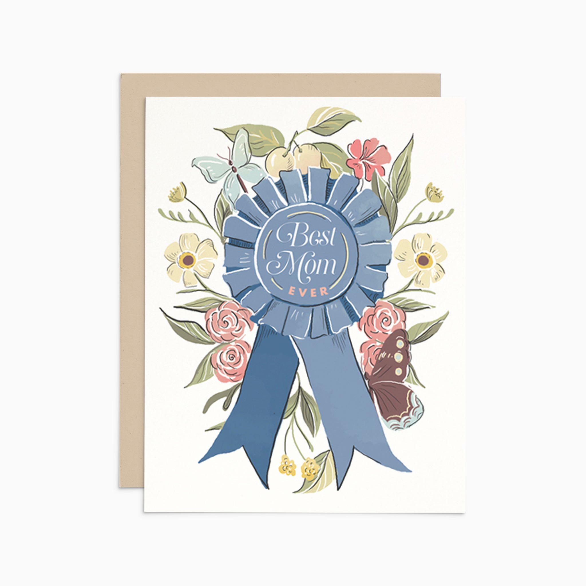 Illustrated Mother's Day card on premium warm white cardstock, featuring a soft blue award ribbon that reads 'Best Mom Ever,' adorned with floral and butterfly illustrations.