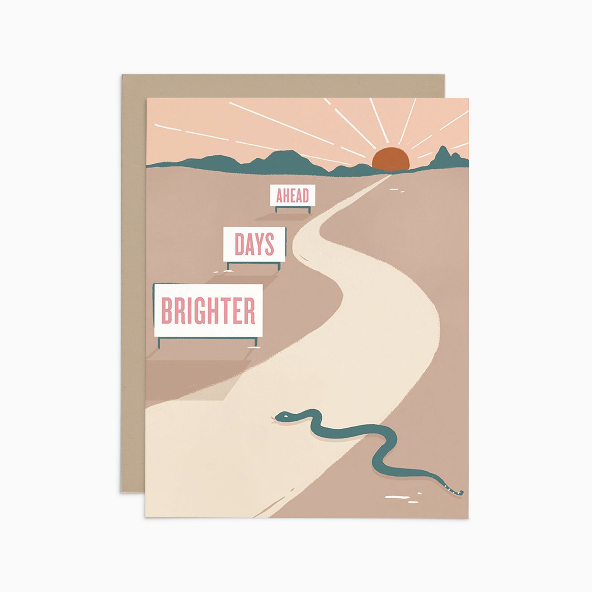Illustrated encouragement card on premium warm white cardstock, featuring a desert scene with a snake and a setting sun, accompanied by the words 'Brighter Days Ahead.