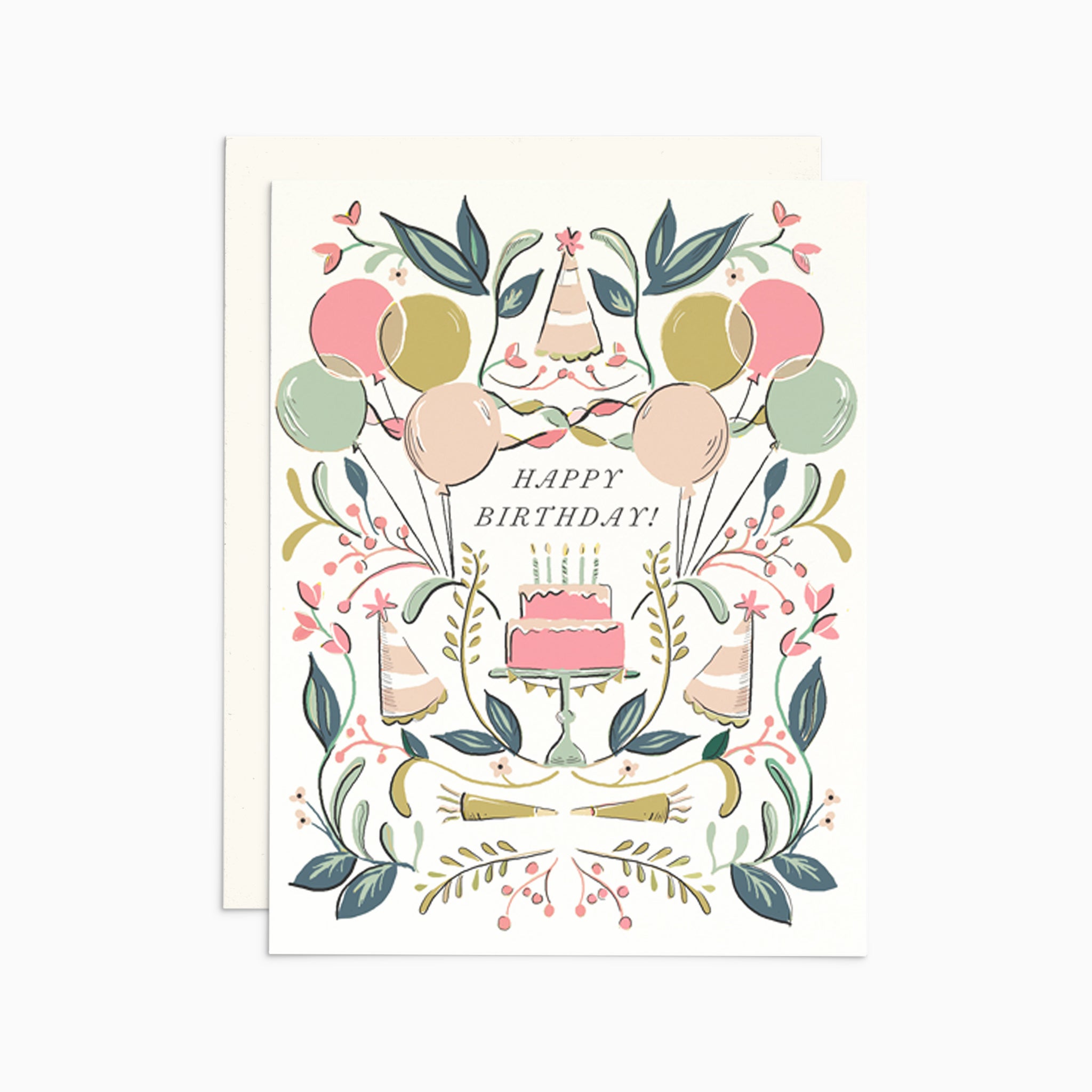 Illustrated birthday card on warm white premium cardstock, featuring a pink birthday cake surrounded by balloons, floral motifs, and party hats.