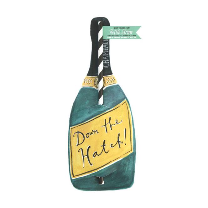 Down the Hatch! Wine Straw Card featuring a green wine bottle design with a yellow label and a playful striped straw, perfect for congratulating or commiserating.
