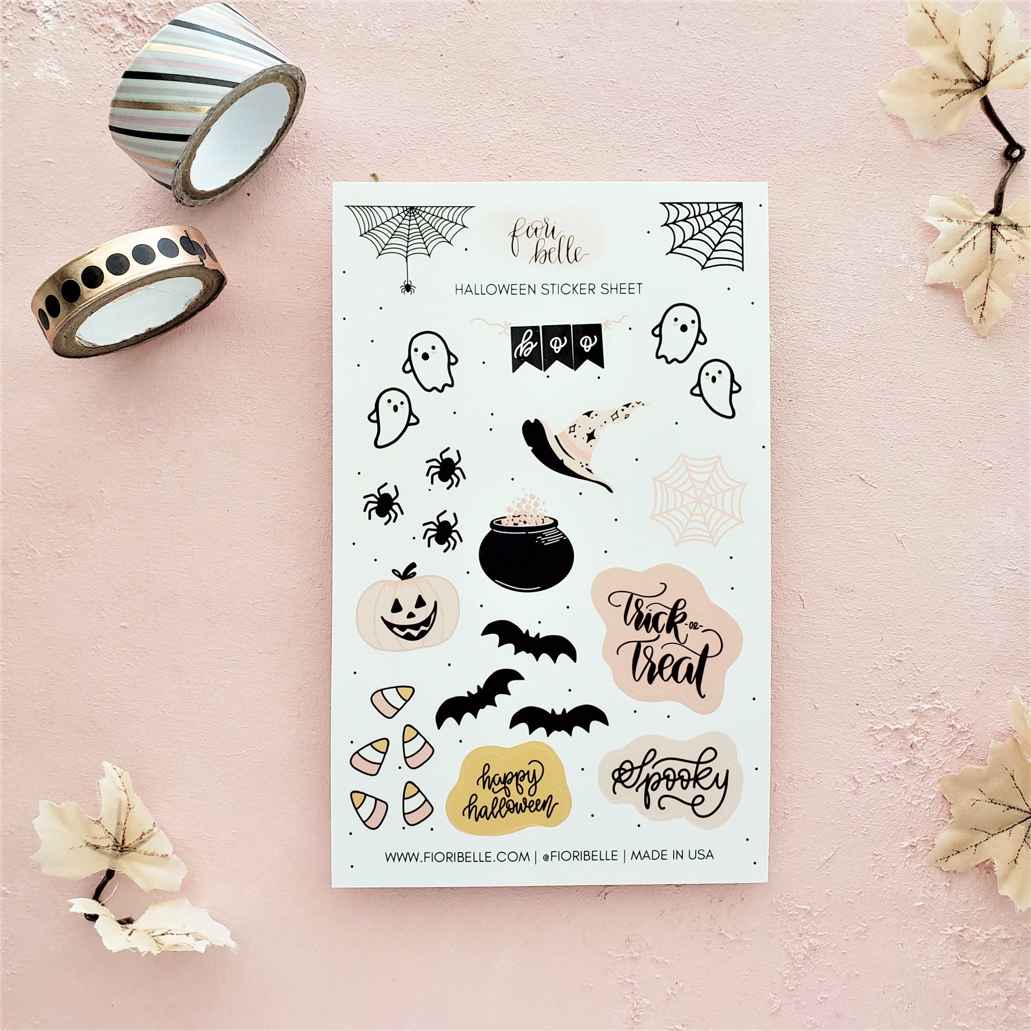 "Halloween Sticker Sheet featuring 23 glossy vinyl stickers including cute ghosts, spiders, and candy corn, hand-written halloween phrases, a witch cauldron & hat, displayed on a pastel background. Great for personalizing planners, laptops, and water bottles.