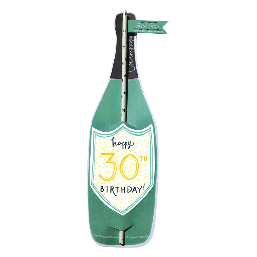 30th Birthday Wine Straw Card featuring a green wine bottle design with a cheerful "Happy 30th Birthday" label and a playful straw with gold foil stars, perfect for milestone celebrations.