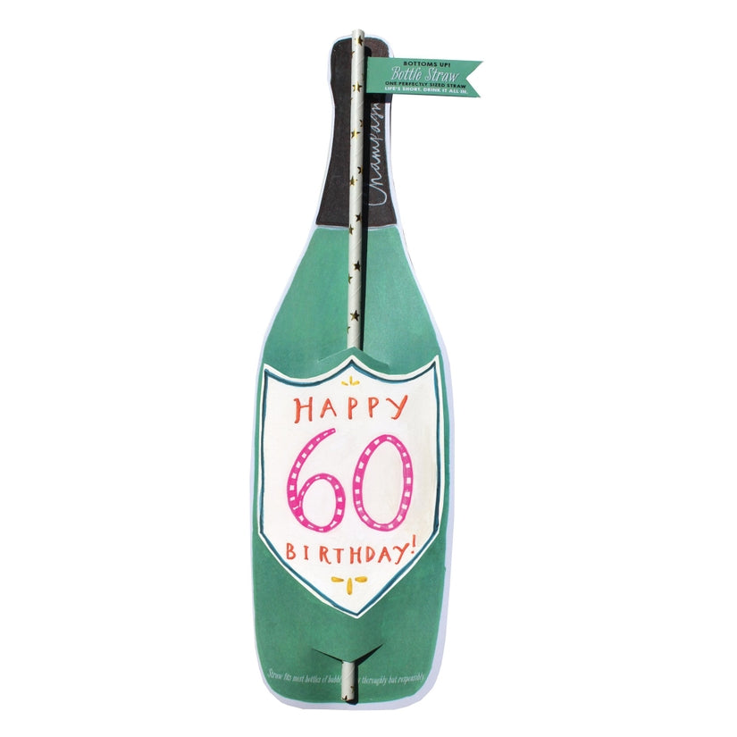 60th Birthday Wine Straw Card featuring a green wine bottle design with a colorful "Happy 60 Birthday" label and a playful striped straw, perfect for milestone celebrations.