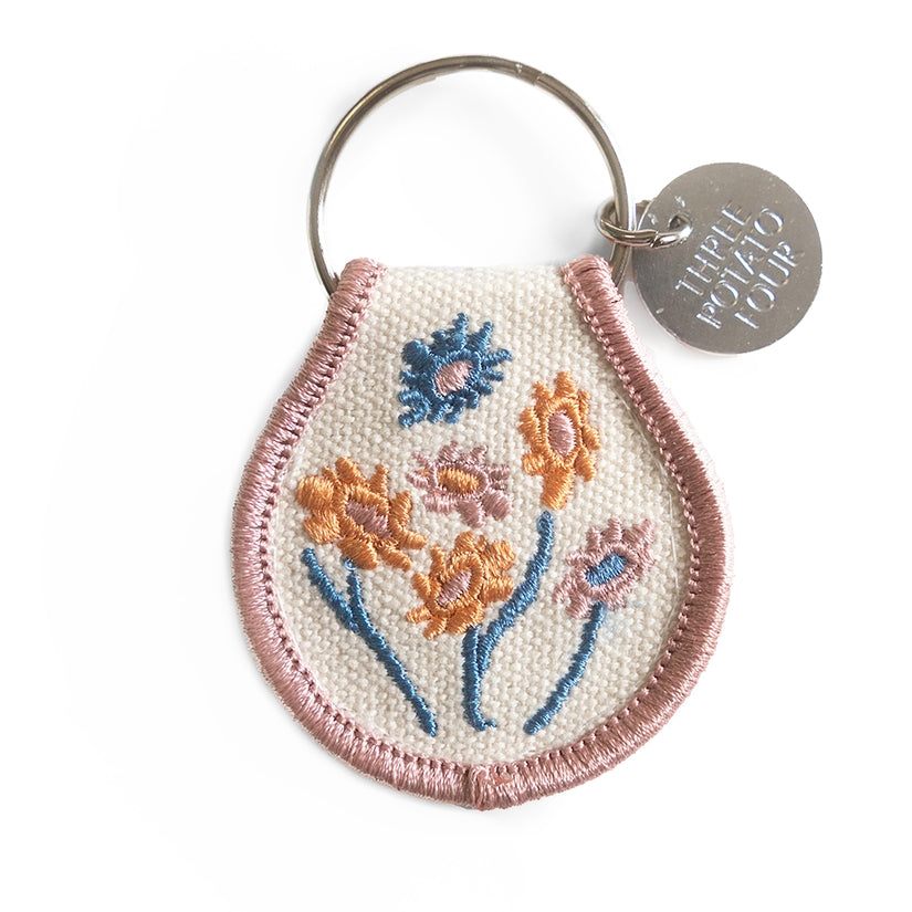 Pink & Blue Wildflower Embroidered Patch Keychain