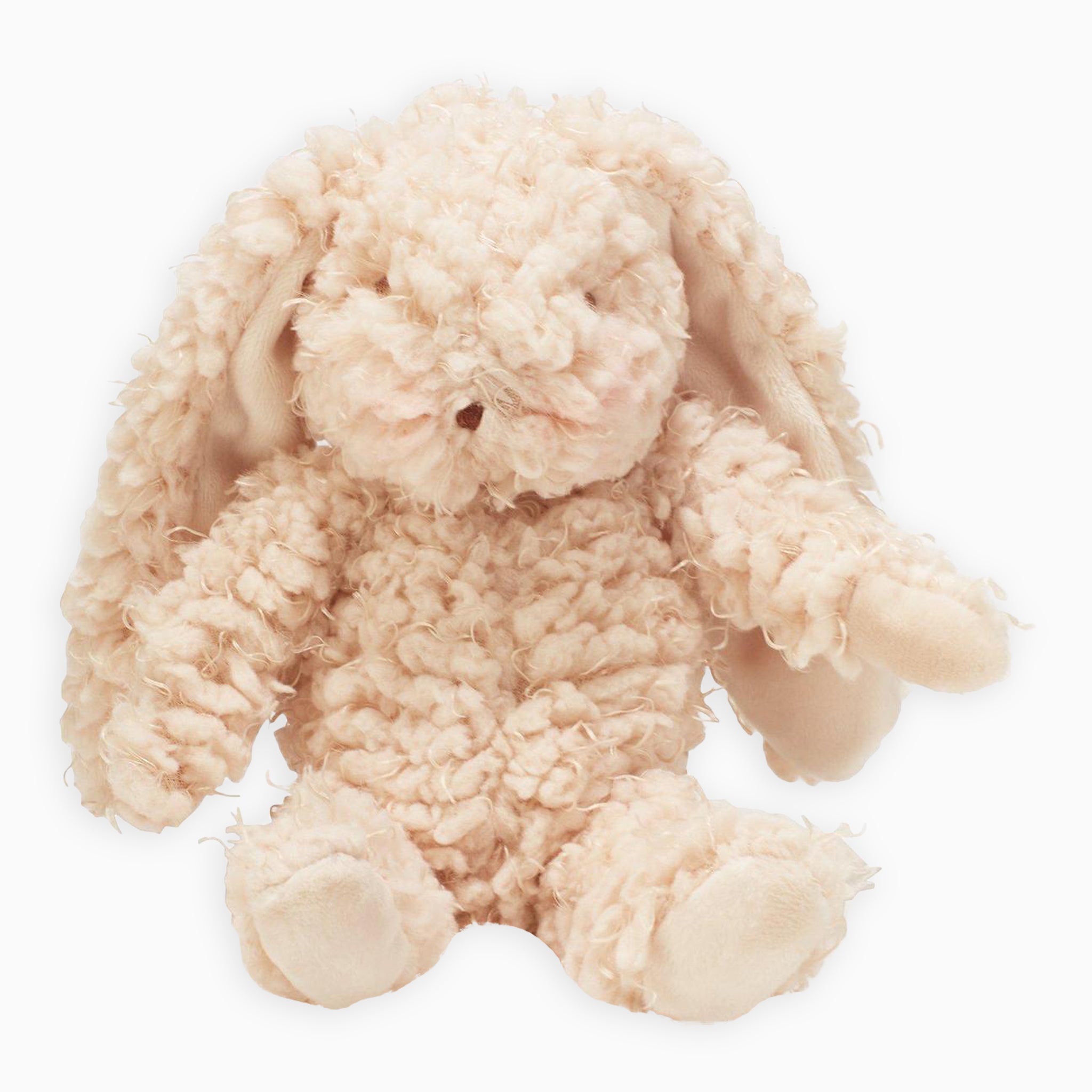 Full view of Harey the Plush Rabbit sitting, displaying its warm almond scraggly fur, bushy white tail, and handcrafted embroidered face.