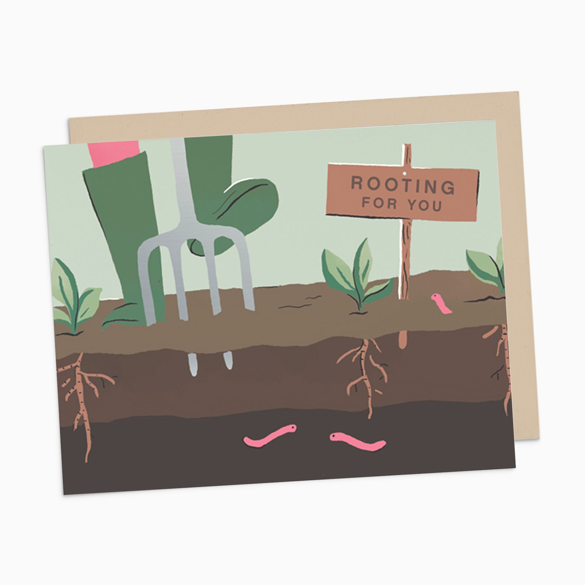 Illustrated encouragement card on warm white premium cardstock, featuring a garden scene with boots pushing a rake, seedlings sprouting, and a wooden sign saying 'Rooting for You.
