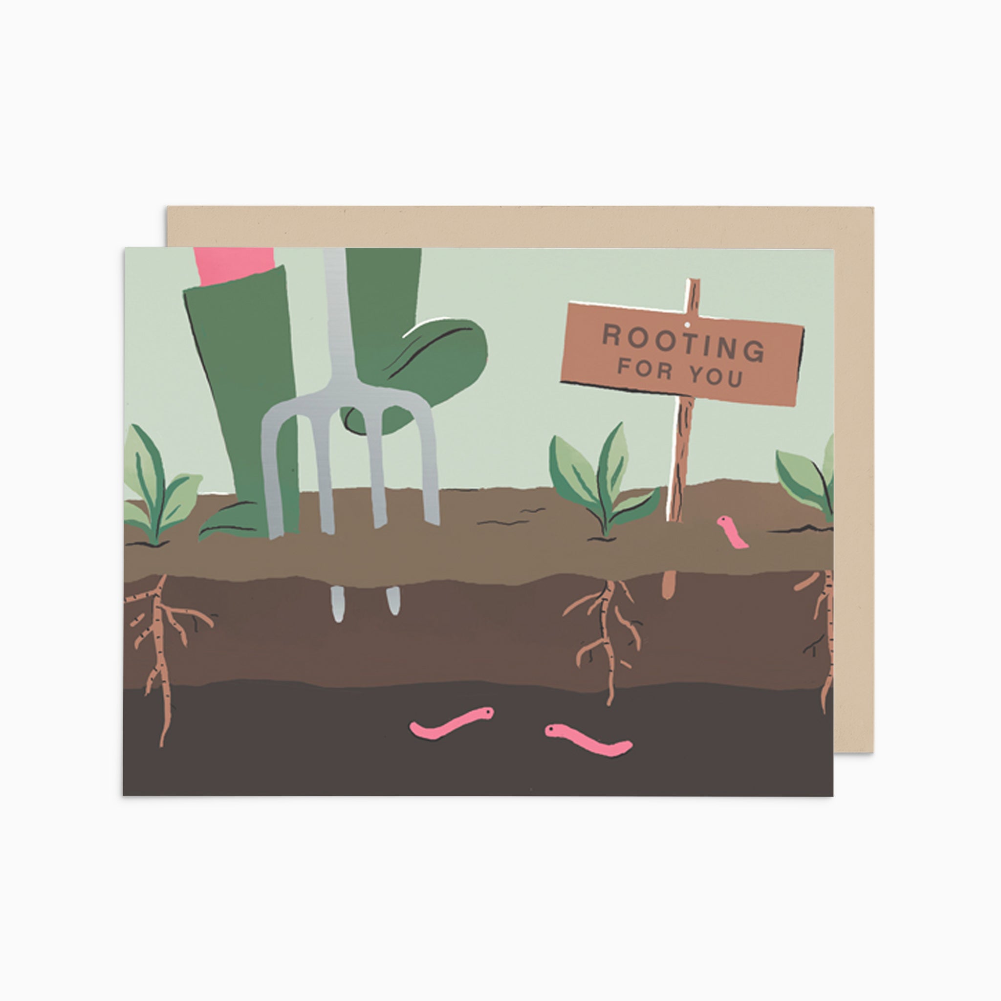 Illustrated encouragement card on warm white premium cardstock, featuring a garden scene with boots pushing a rake, seedlings sprouting, and a wooden sign saying 'Rooting for You.