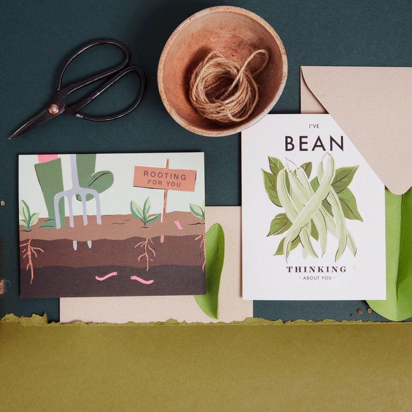 Illustrated 'Thinking About You' card on warm white premium cardstock, featuring a bunch of beans and the text 'I've Bean Thinking About You.'