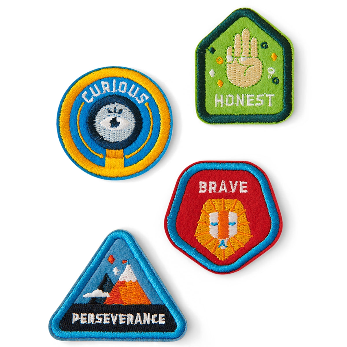 Set of 4 Character Badge Patches featuring the traits Curious, Honest, Brave, and Perseverance, designed for children and ideal for backpacks or clothing. Adhesive and iron-on backing for easy application.