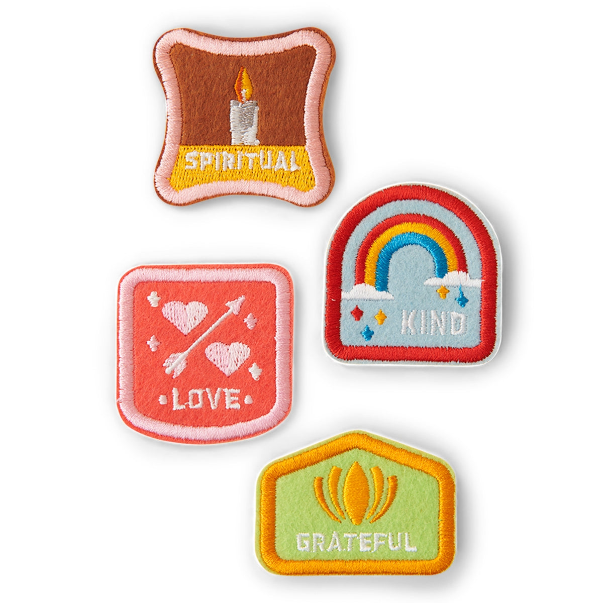 Set of 4 children's character badge patches featuring the traits Kind, Spiritual, Love, and Grateful, with adhesive and iron-on backing, perfect for customizing backpacks and clothing.