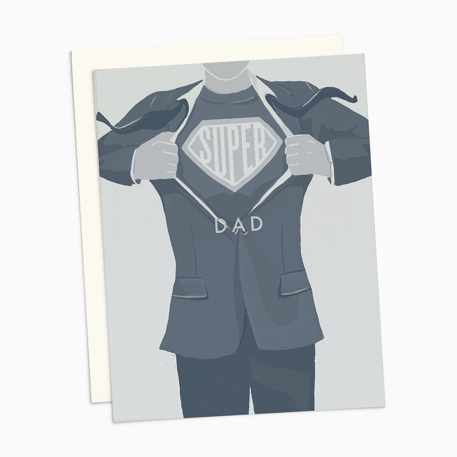 Illustrated Father's Day card featuring a man in Superman pose, opening his suit to reveal a 'Super Dad' shirt, printed on warm white cardstock.