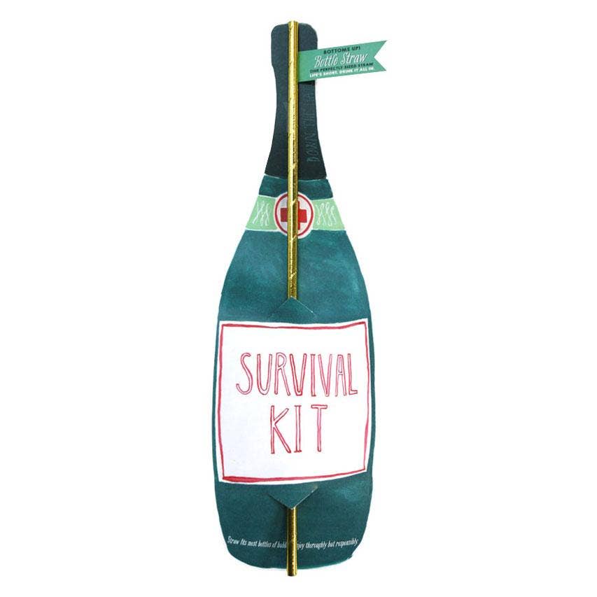 Survival Kit Wine Straw Card featuring a green wine bottle design with a red cross label and a fun gold straw attached, perfect for any celebration or commiseration.