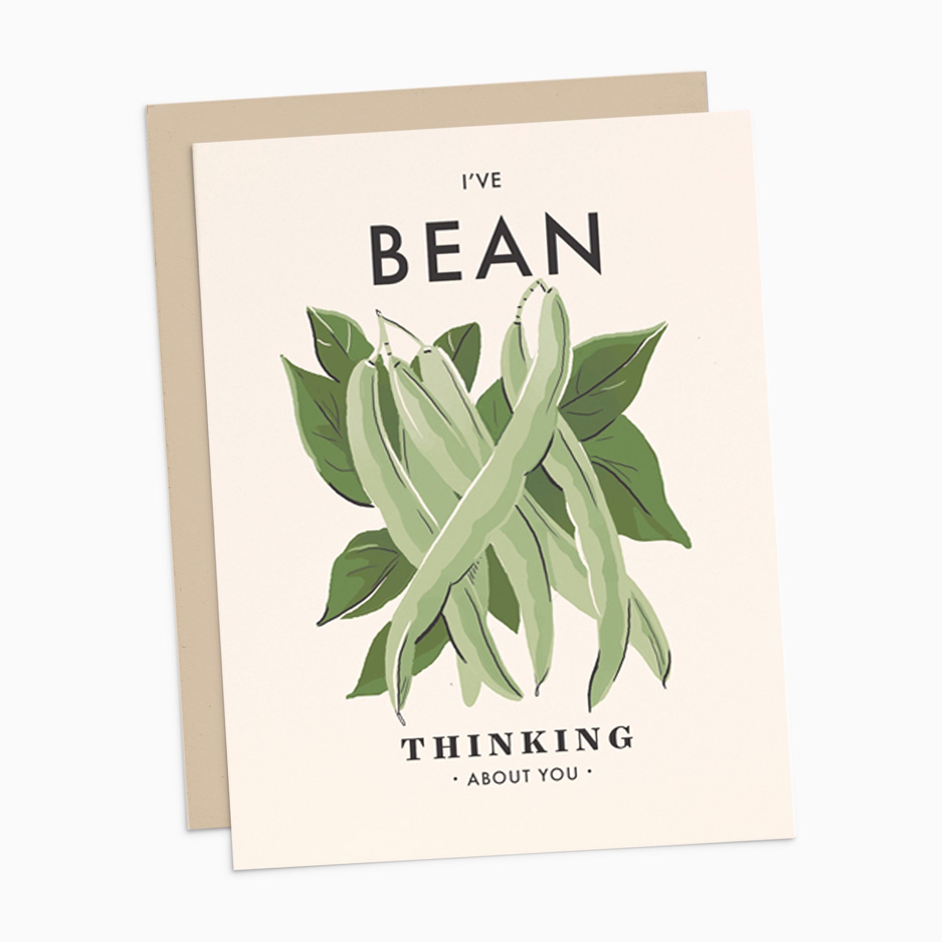 Illustrated 'Thinking About You' card on warm white premium cardstock, featuring a bunch of beans and the text 'I've Bean Thinking About You.'