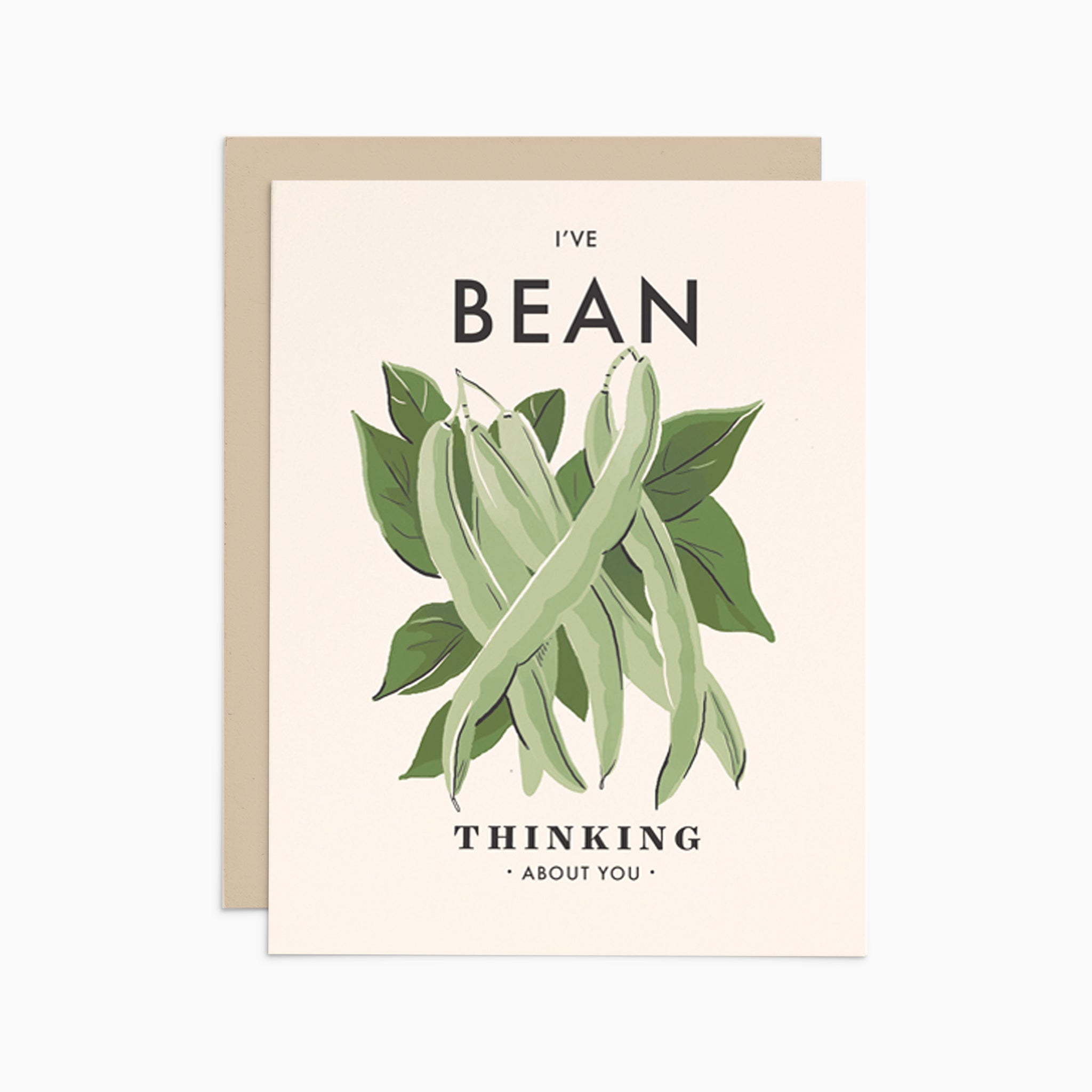 Illustrated 'Thinking About You' card on warm white premium cardstock, featuring a bunch of beans and the text 'I've Bean Thinking About You.'