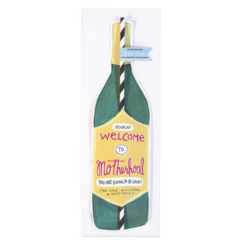 Welcome to Motherhood Wine Straw Card featuring a green wine bottle design with a yellow label and a playful striped straw, perfect for congratulating new moms.