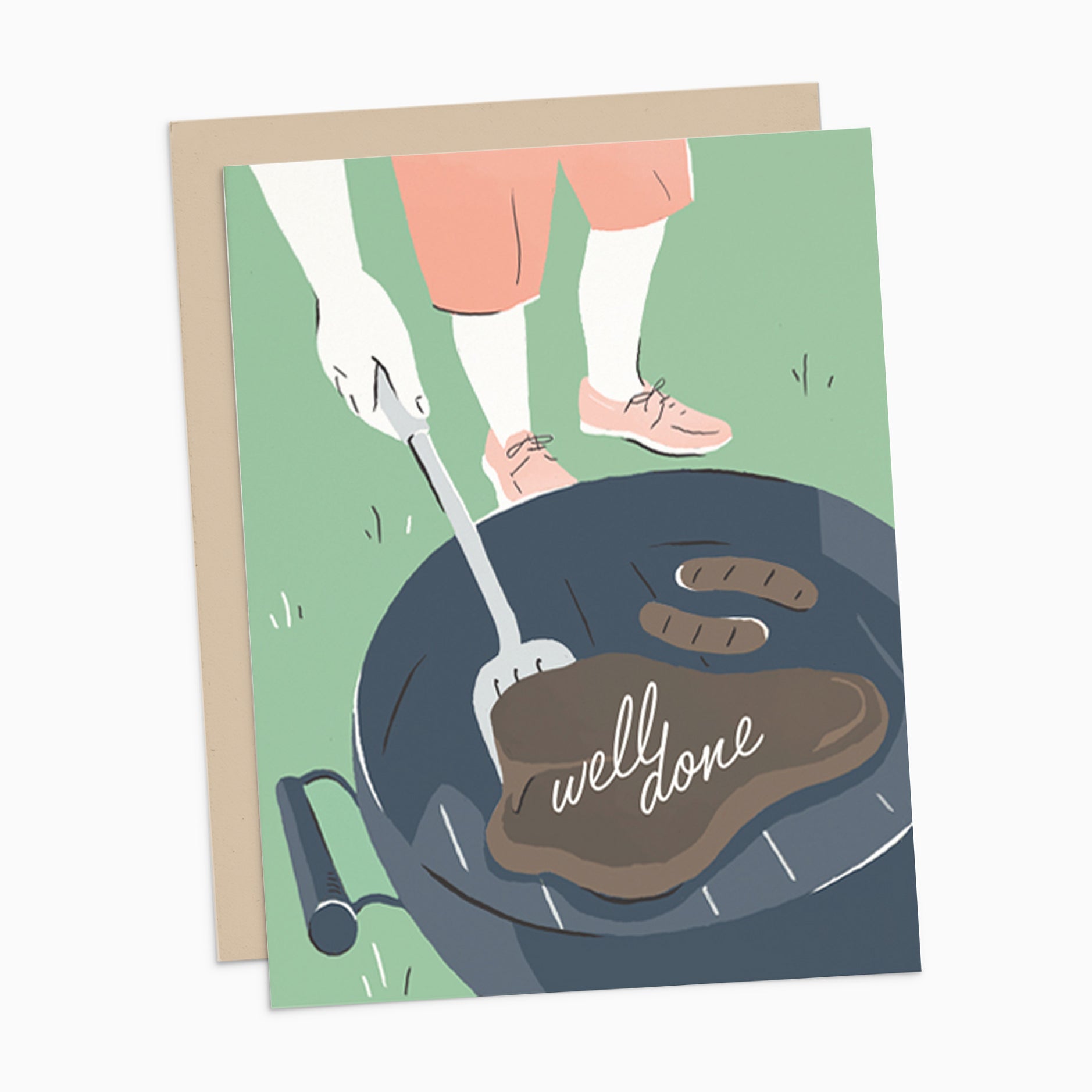 Illustrated 'Well Done' BBQ greeting card on a neutral background, featuring a whimsical steak with the words 'Well Done' written on it, sizzling on a grill.