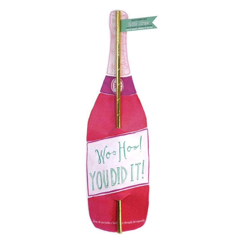 Woo Hoo! Wine Straw Card featuring a pink wine bottle design with a fun gold straw attached, perfect for celebrating accomplishments.