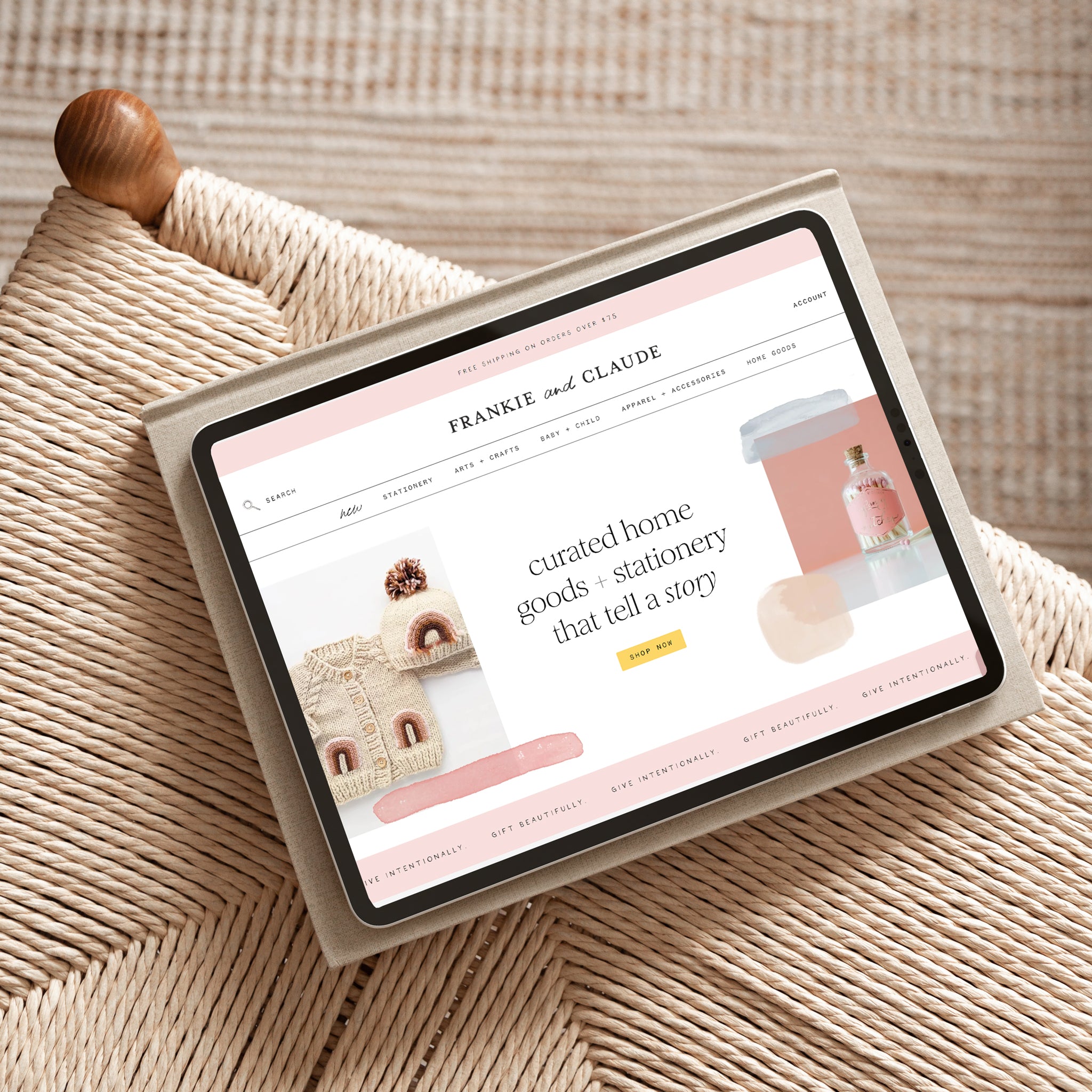 Shopify online store example for Frankie and Claude brand showing curated home goods and stationery on a tablet screen, illustrating successful small business e-commerce website design.