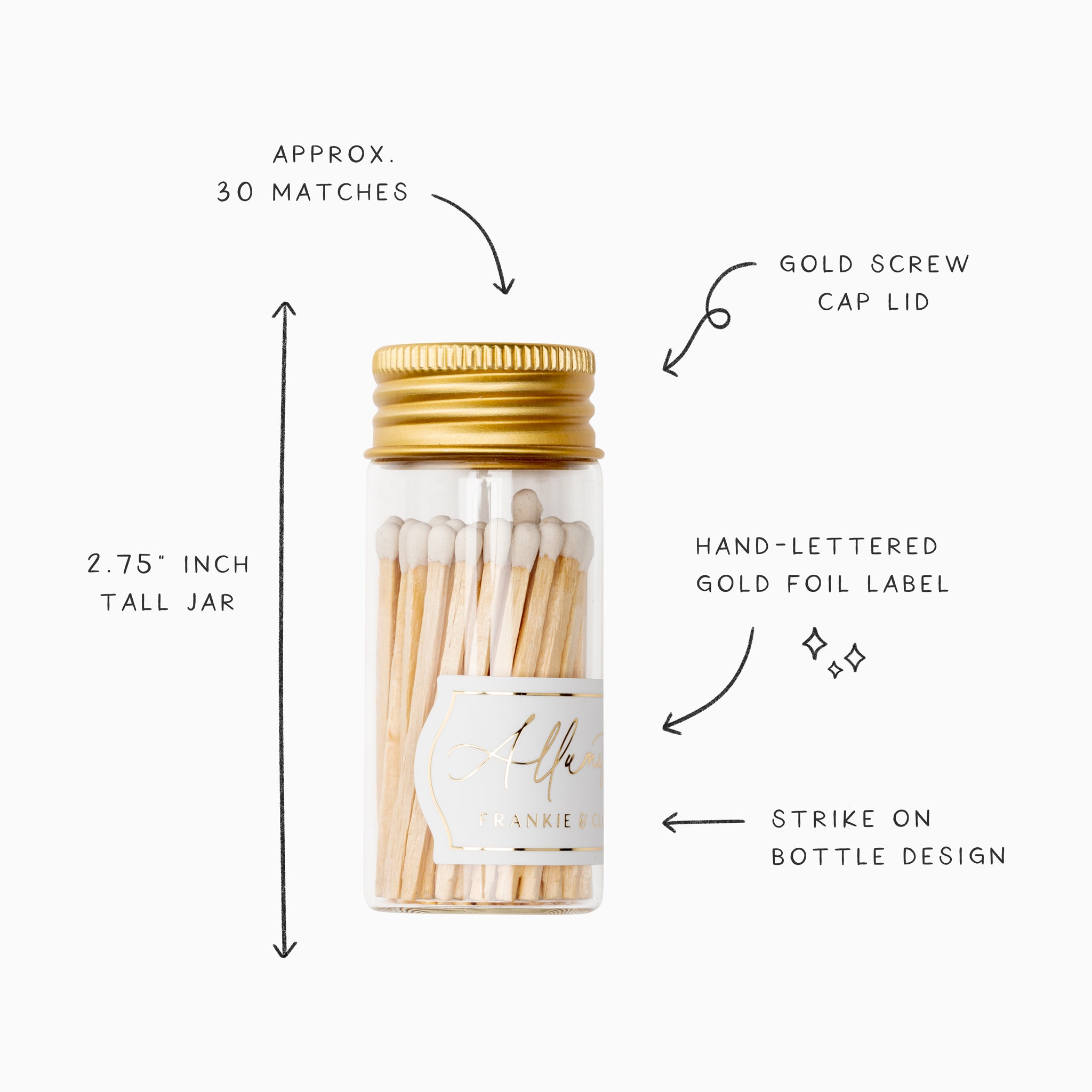 Detailed infographic of Frankie & Claude’s classic white Allumette Match Jar showing features such as the gold screw cap lid, hand-lettered gold foil label, and strike on bottle design, with dimensions and match count.