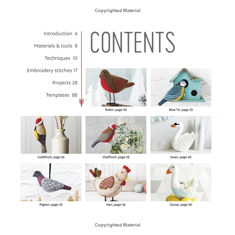 Inside pages of Folk Embroidered Felt Birds book showcasing partial book contents of featured felt bird projects.