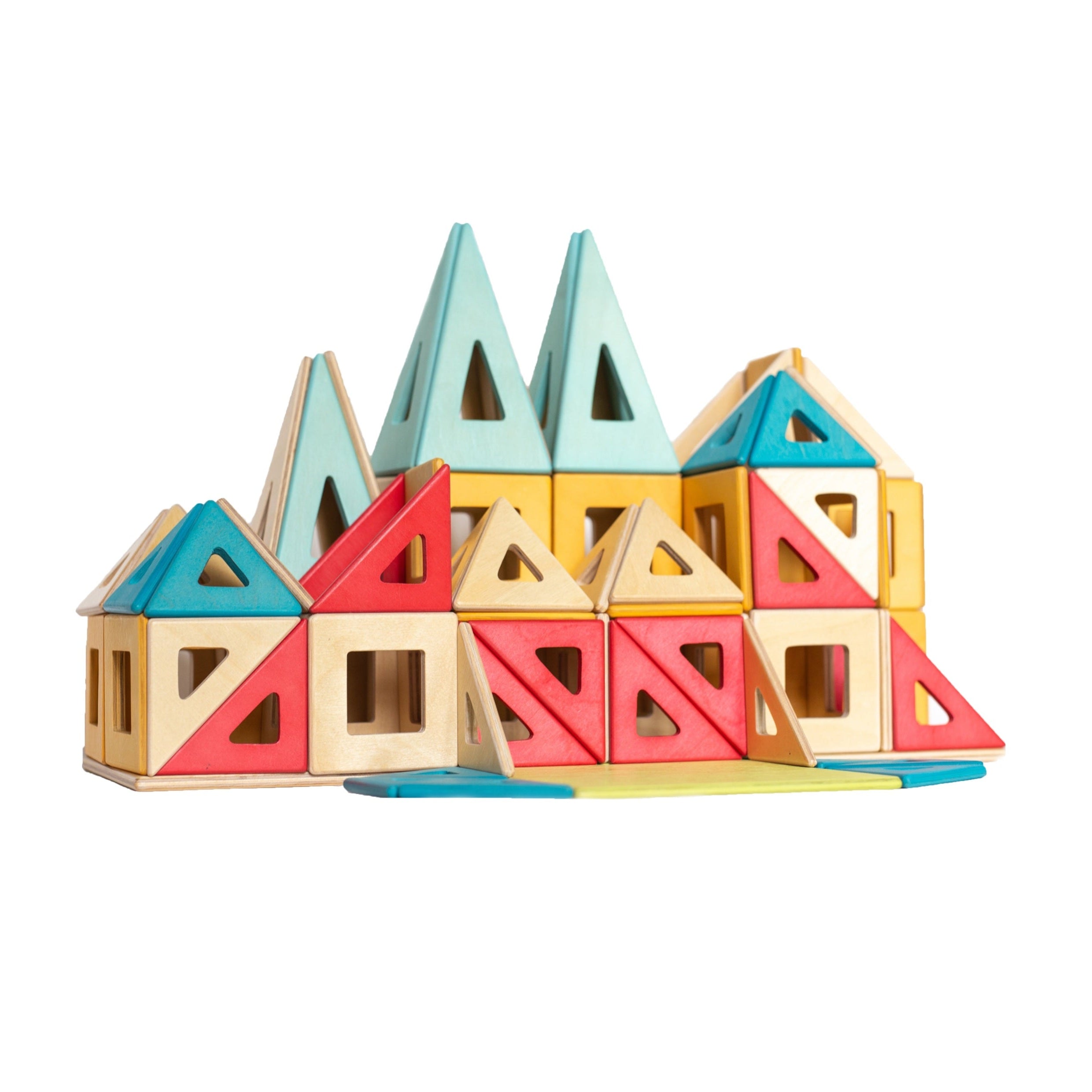 Colorful geometric building blocks on a white background
