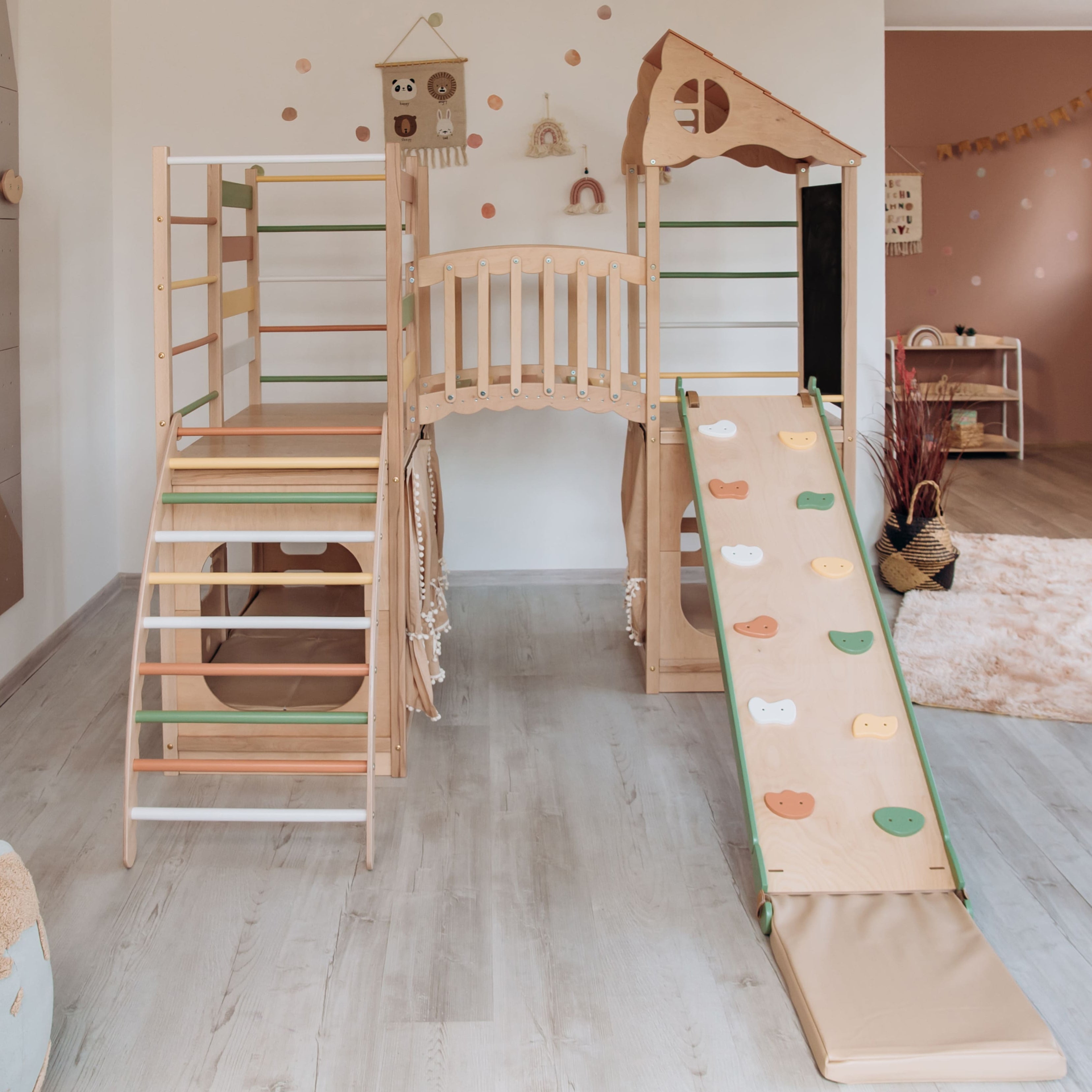 Large Indoor Wood Playground Climber with Houses