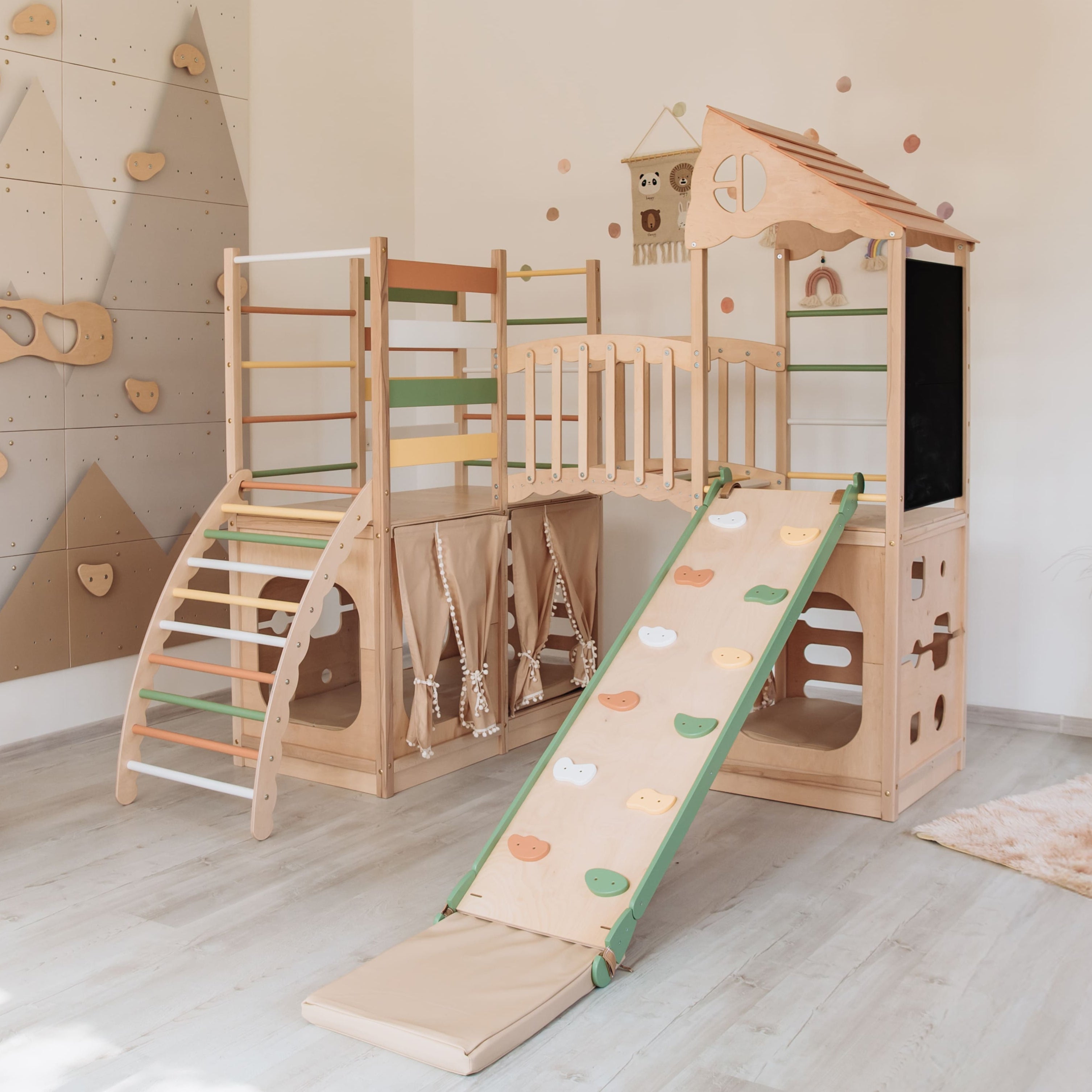 Large Indoor Wood Playground Climber with Houses