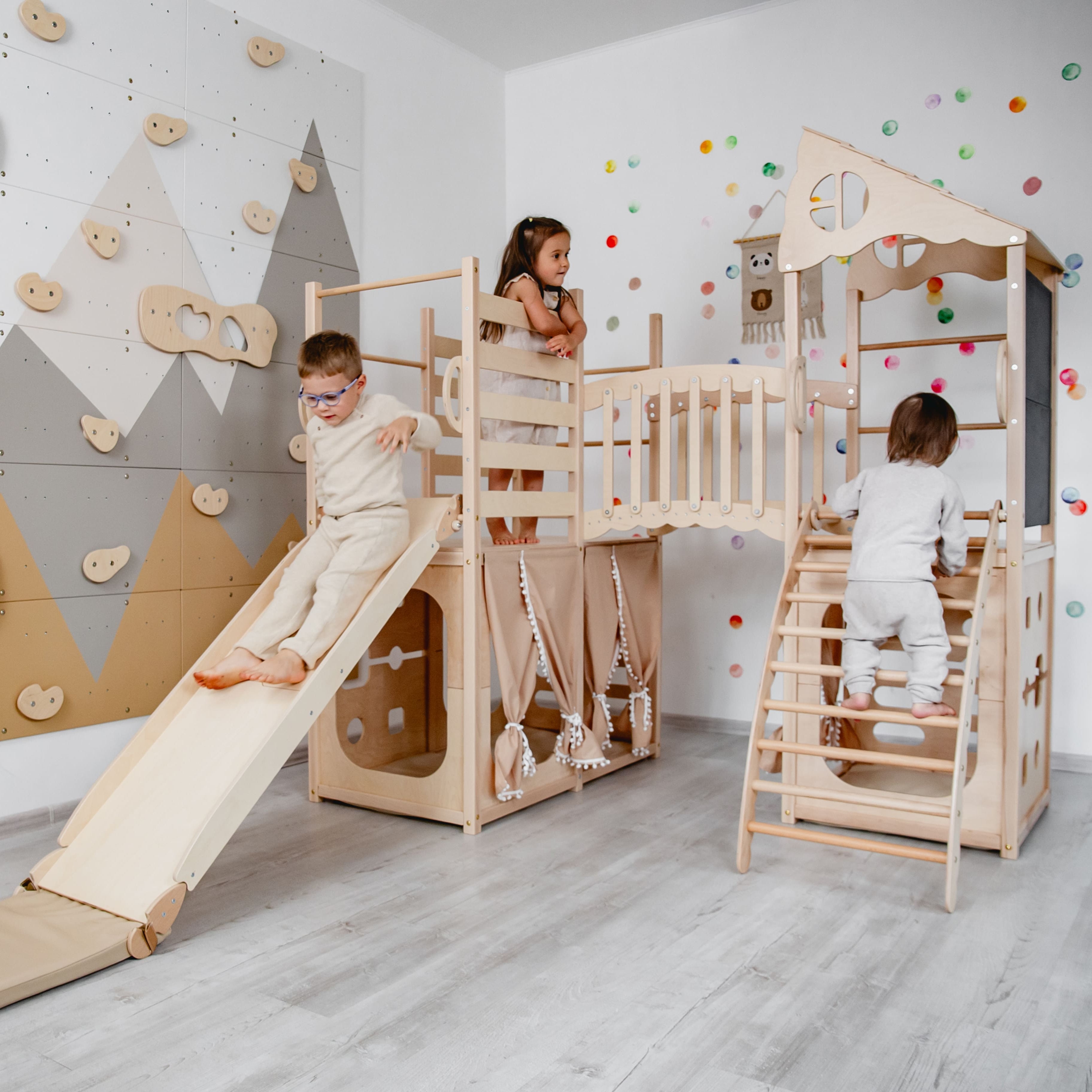 Large Indoor Wood Playground Climber with Houses