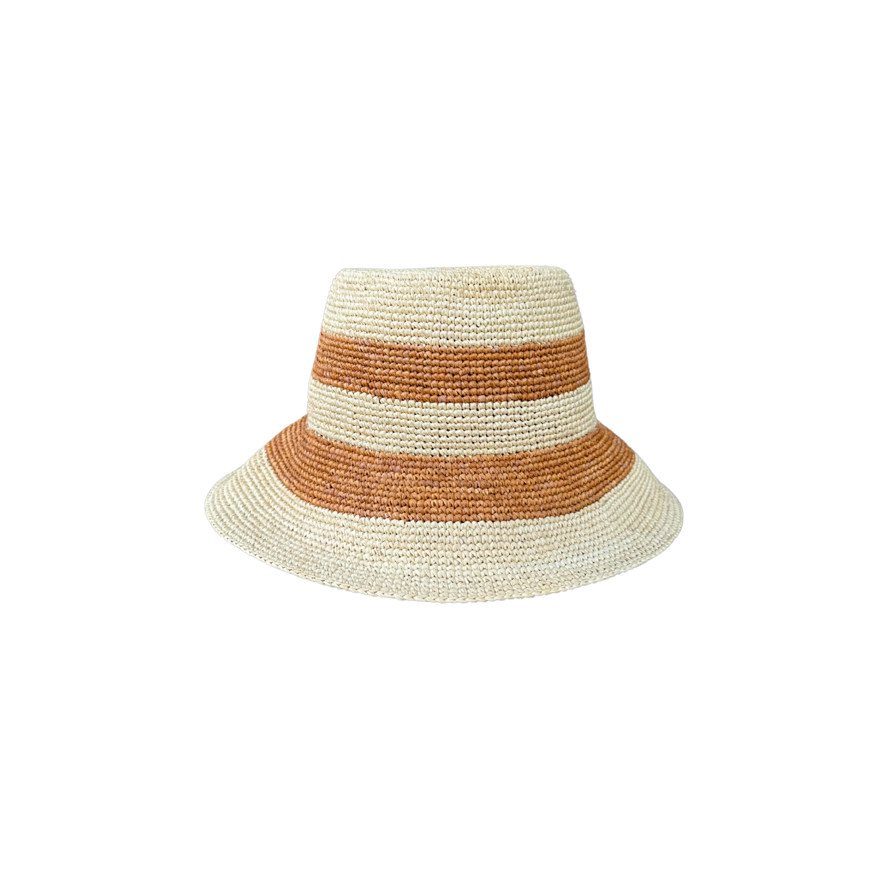Striped straw hat with brown and beige bands on a white background