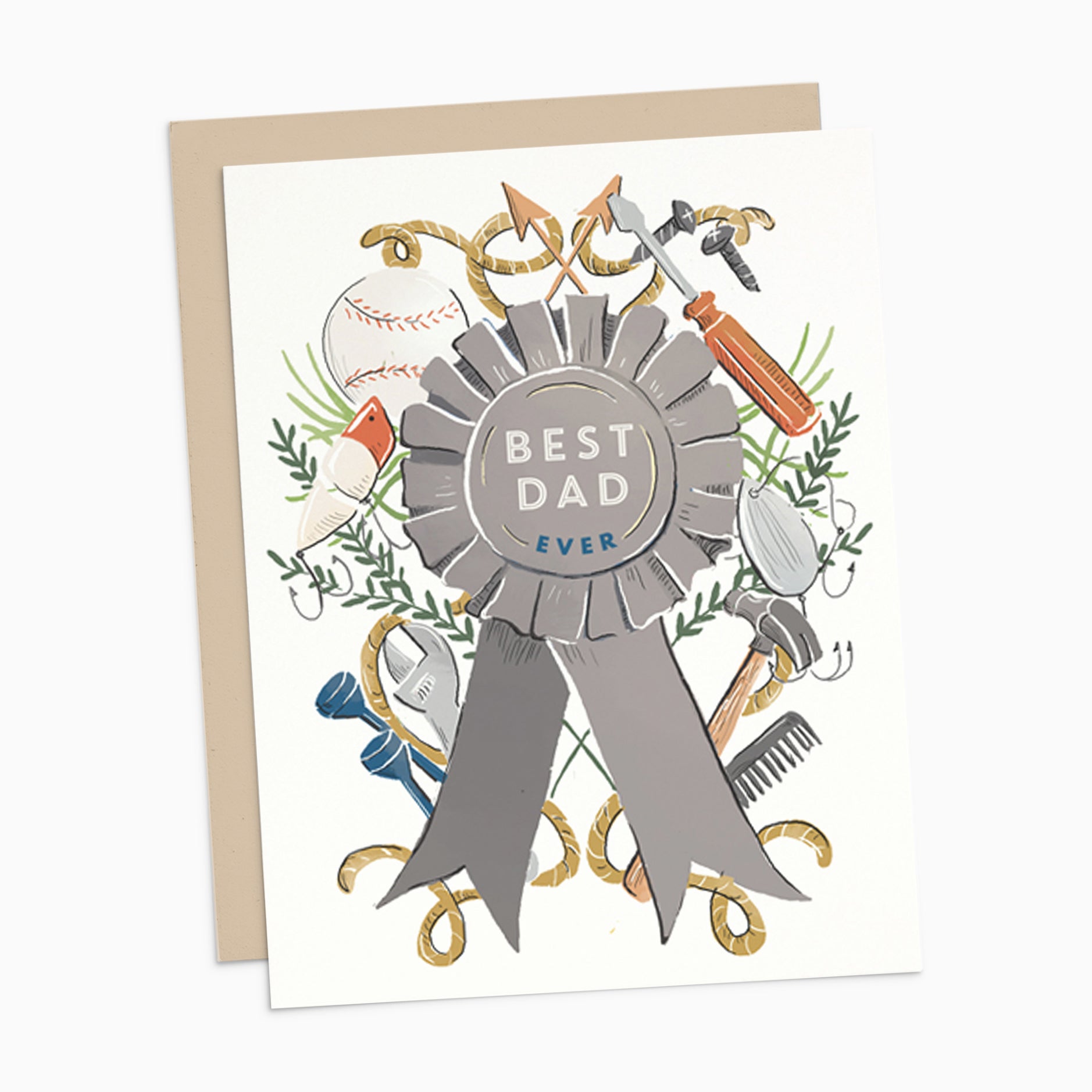 Illustrated Father's Day card on warm white premium cardstock, featuring an award ribbon that reads 'Best Dad Ever,' accented with illustrations of baseballs, tools, and other dad-associated items.