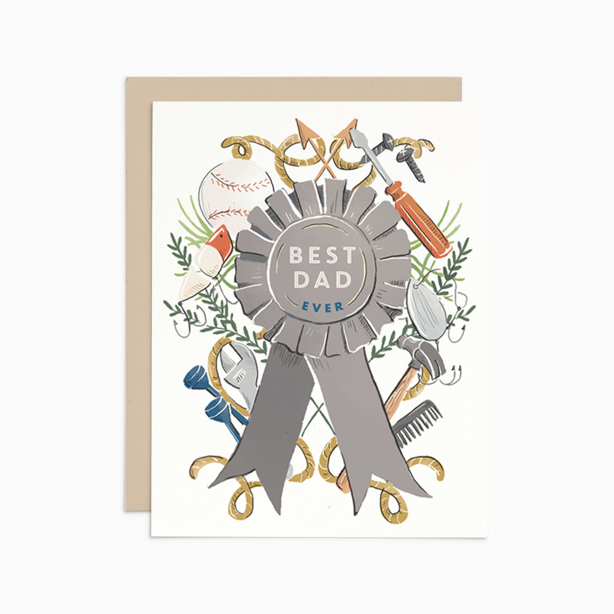 Illustrated Father's Day card on warm white premium cardstock, featuring an award ribbon that reads 'Best Dad Ever,' accented with illustrations of baseballs, tools, and other dad-associated items.