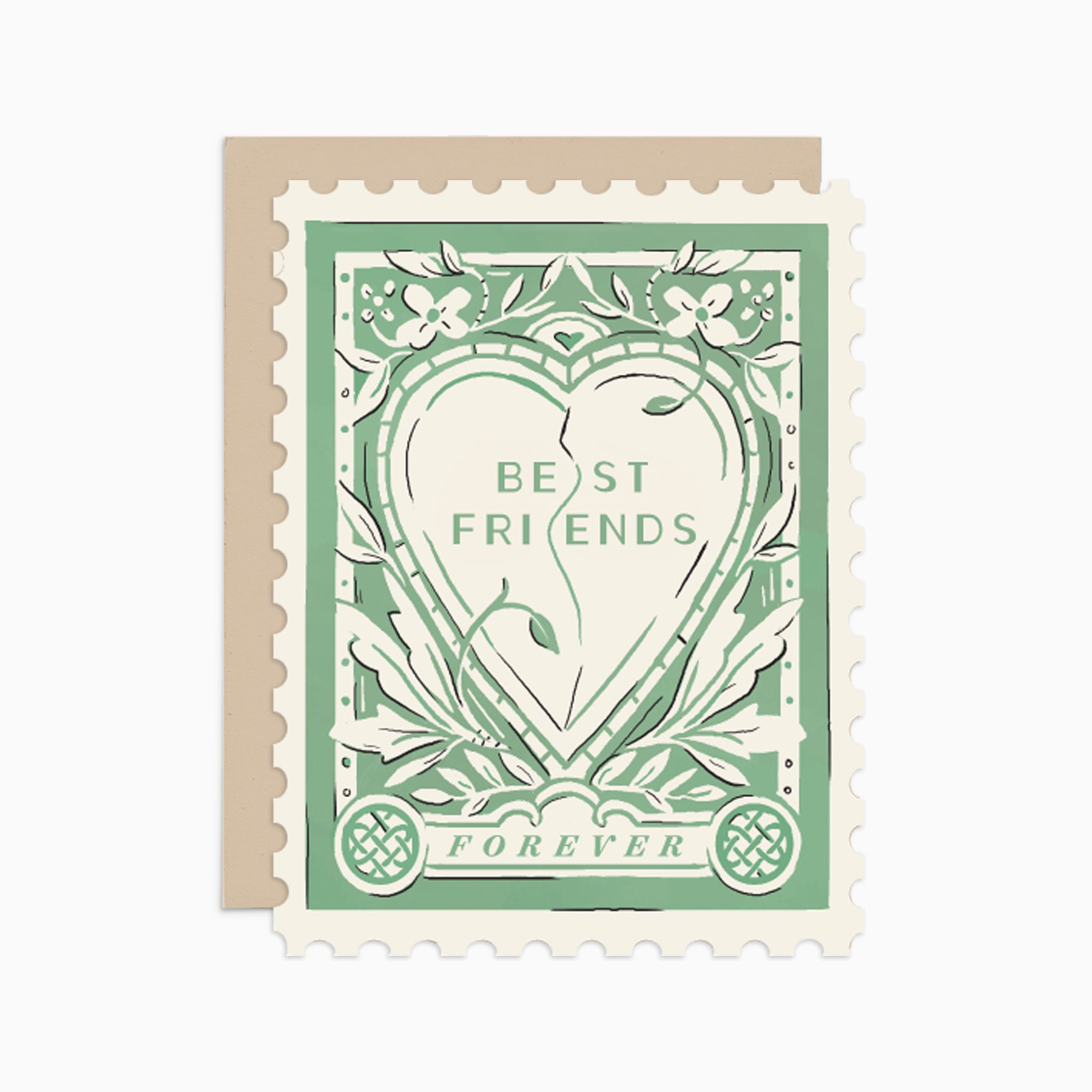 Illustrated 'Best Friends Forever' card on premium warm white cardstock, featuring a heart framed by elegant flourishes in soft tones of cream and green.
