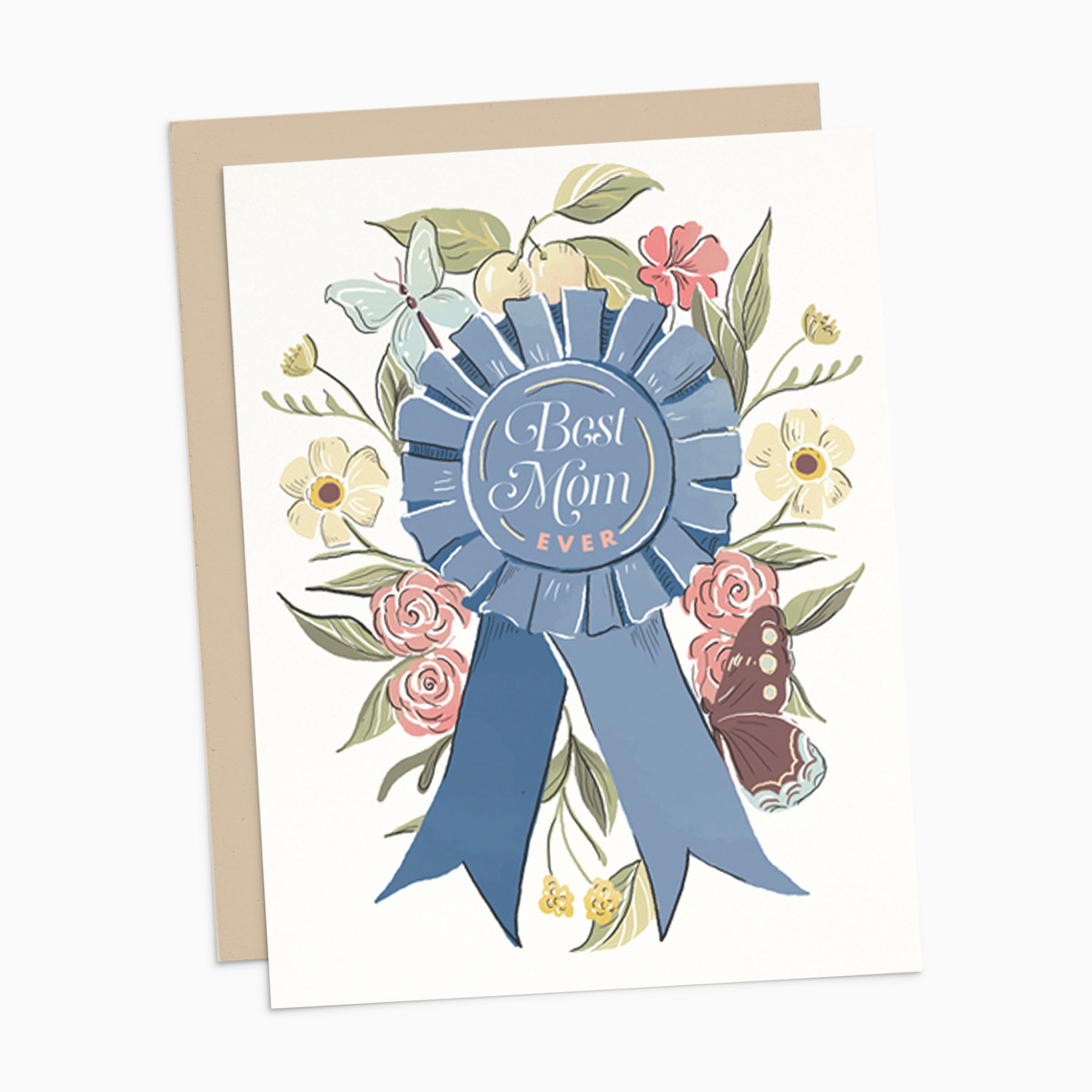 Illustrated Mother's Day card on premium warm white cardstock, featuring a soft blue award ribbon that reads 'Best Mom Ever,' adorned with floral and butterfly illustrations.