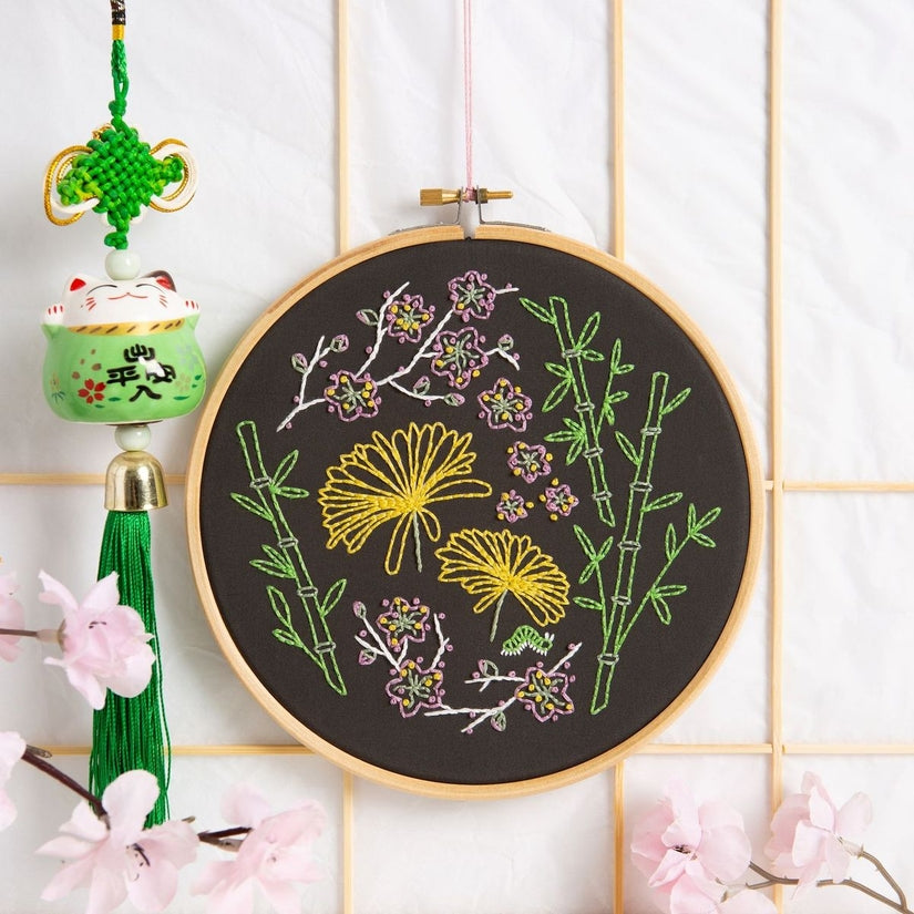 Black Japanese Garden Floral Embroidery Kit