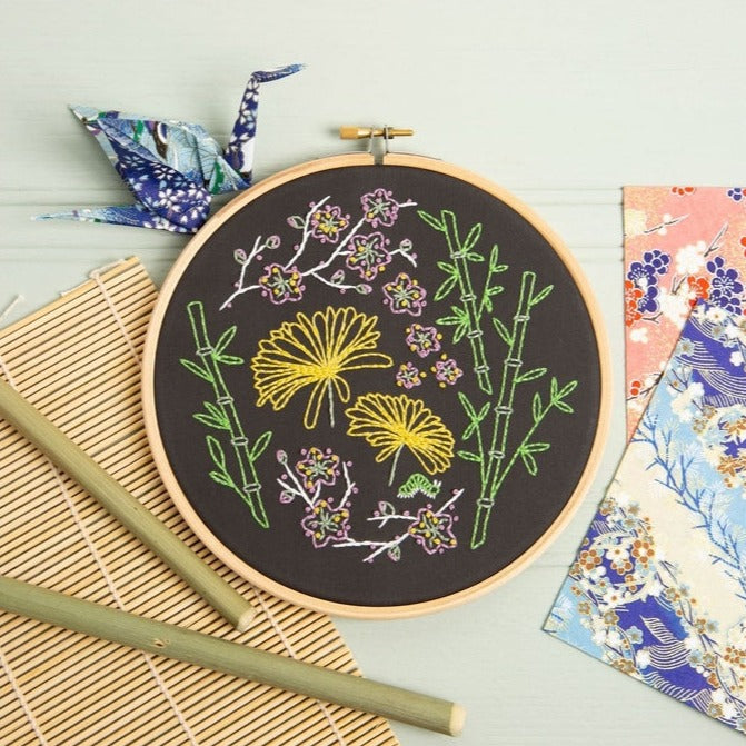 Black Japanese Garden Floral Embroidery Kit