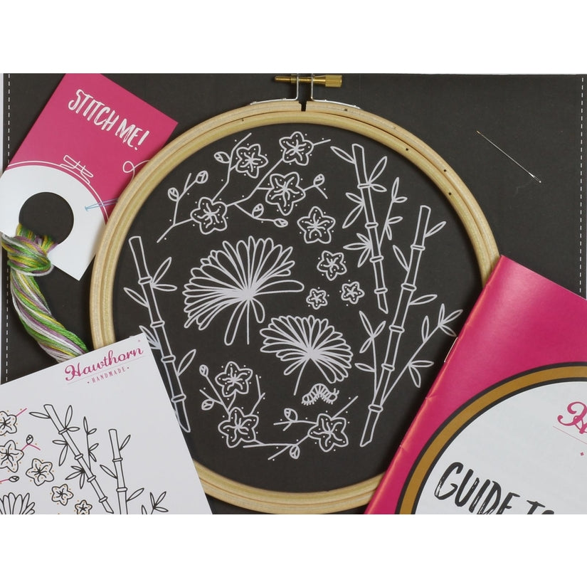 Black Japanese Garden Floral Embroidery Kit