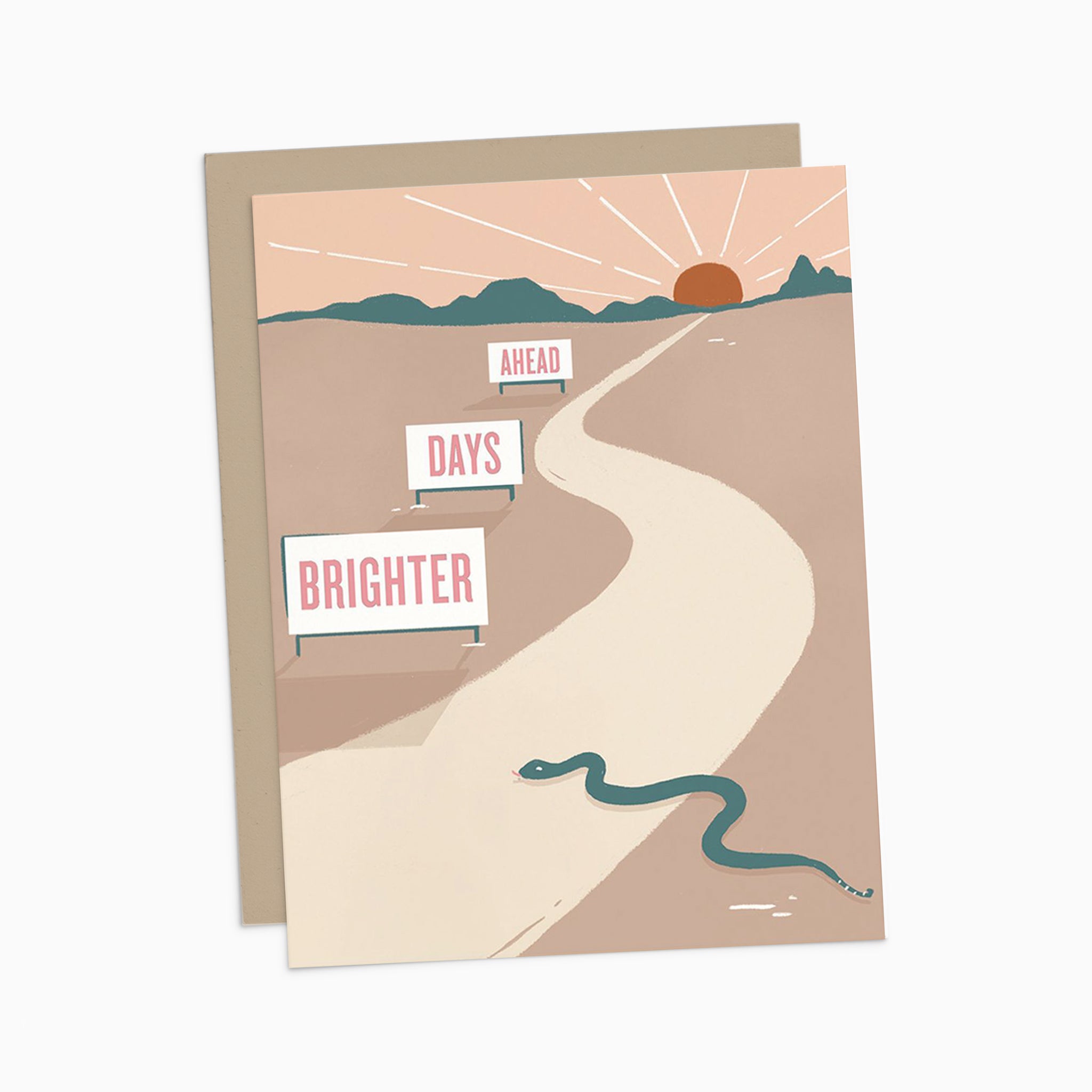 Illustrated encouragement card on premium warm white cardstock, featuring a desert scene with a snake and a setting sun, accompanied by the words 'Brighter Days Ahead.