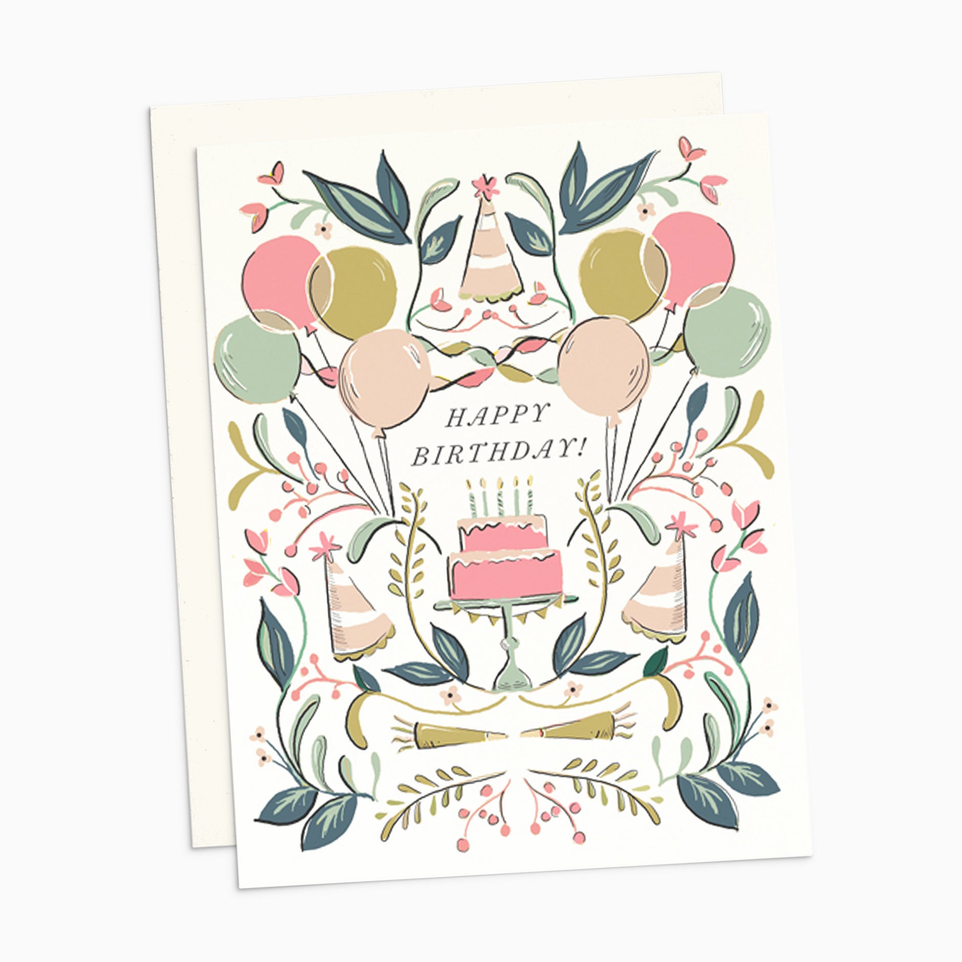 Illustrated birthday card on warm white premium cardstock, featuring a pink birthday cake surrounded by balloons, floral motifs, and party hats.