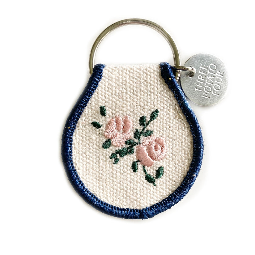 Pink Garden Roses Embroidered Patch Keychain