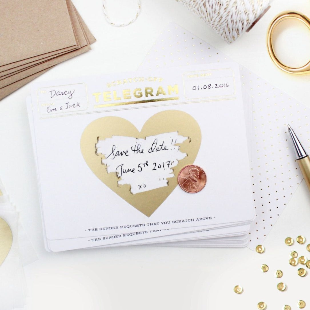 Gold Telegram Scratch-off Heart Card