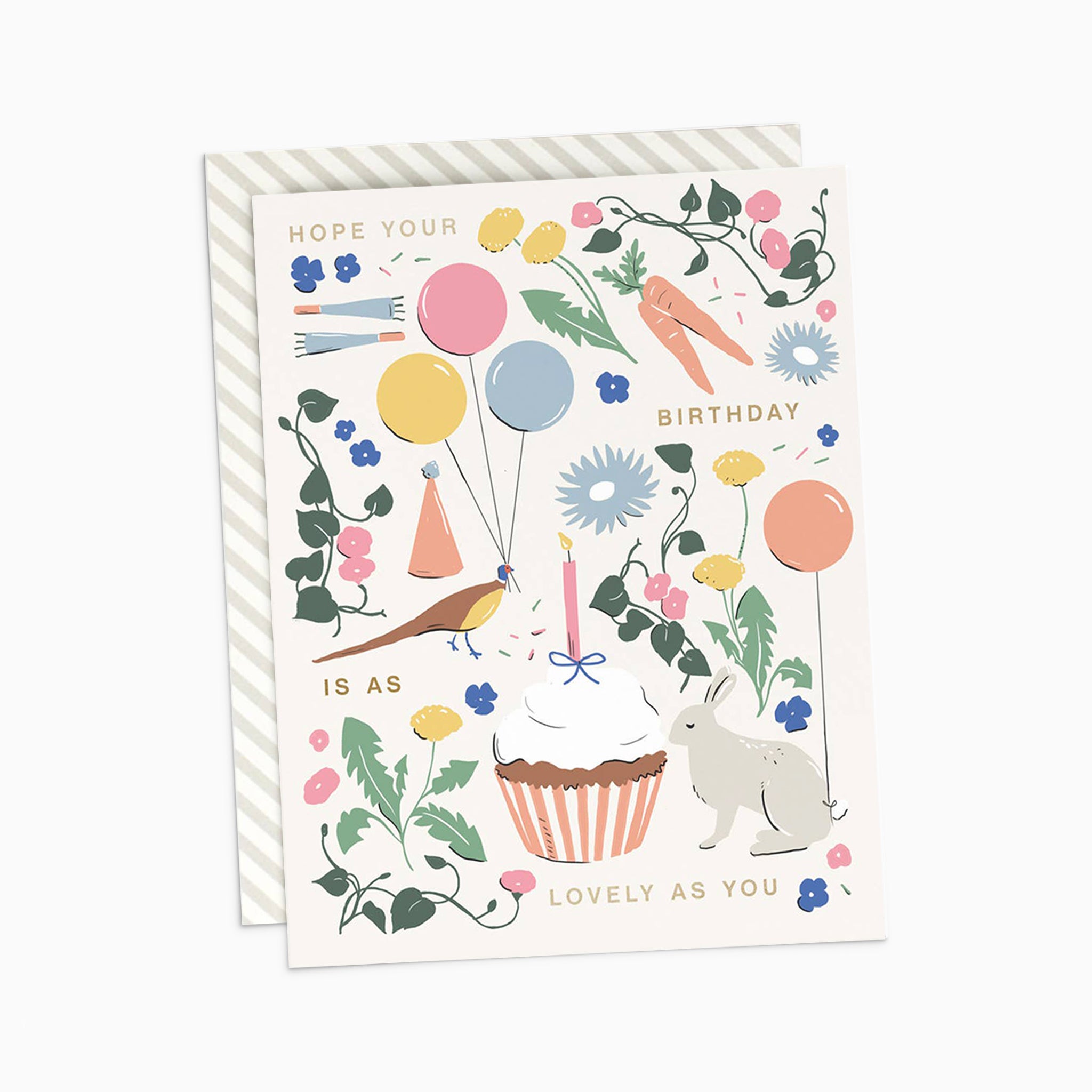 Illustrated 'As Lovely As You' Birthday Card featuring a vibrant mix of cupcakes, balloons, and garden florals on warm white cover cardstock, perfect for celebrating someone special.