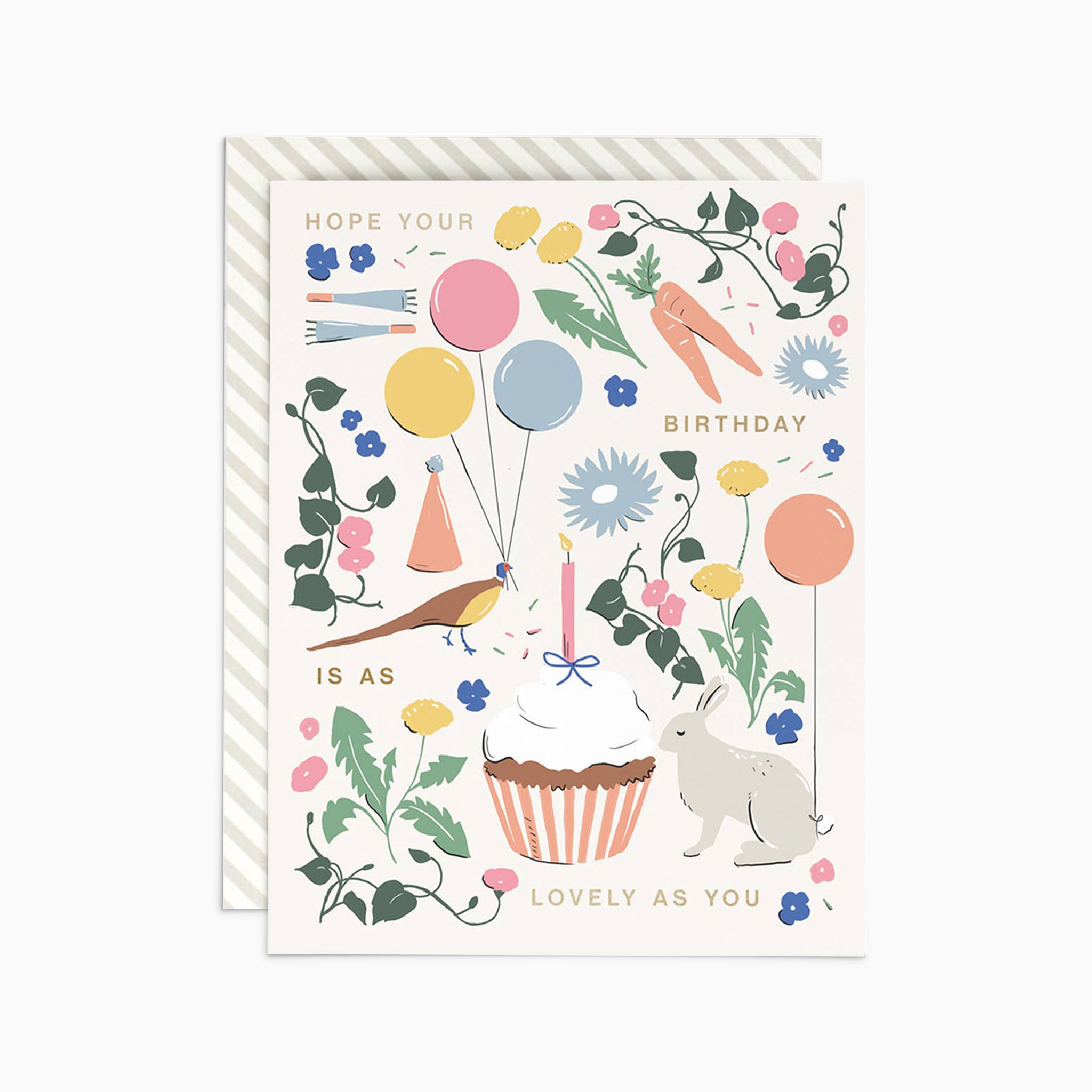 Illustrated 'As Lovely As You' Birthday Card featuring a vibrant mix of cupcakes, balloons, and garden florals on warm white cover cardstock, perfect for celebrating someone special.
