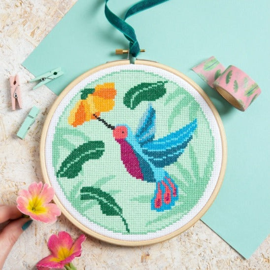 Stamping Cross Stitch Kit, Hummingbird and Flower Counting Cross
